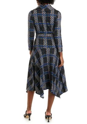 Women's Cozy 3/4 Sleeve Cowl Neck Belted Plaid Fit and Flare Dress