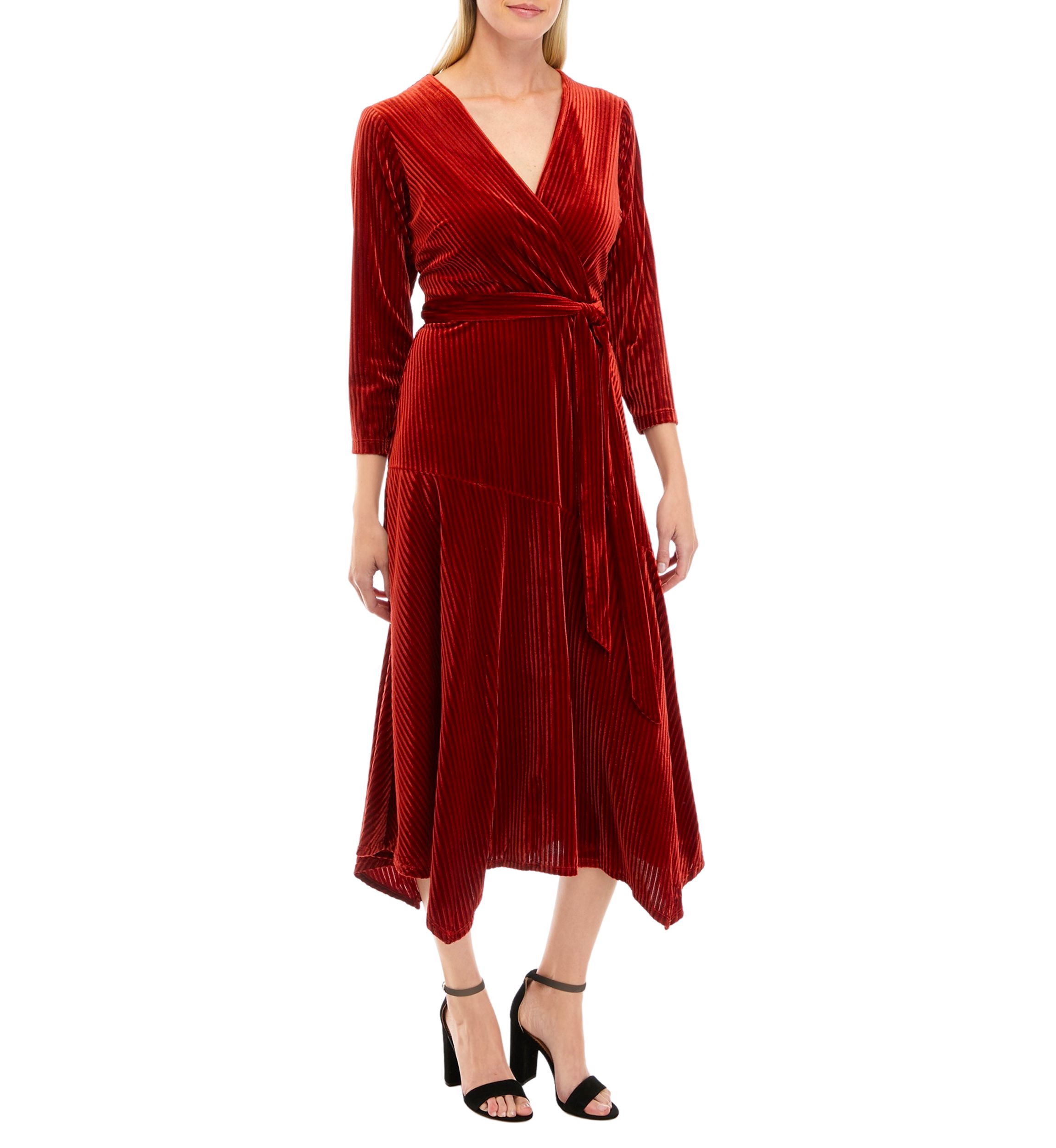 Womens 3/4 Sleeve Wrap Burnout Stripe Velvet Dress