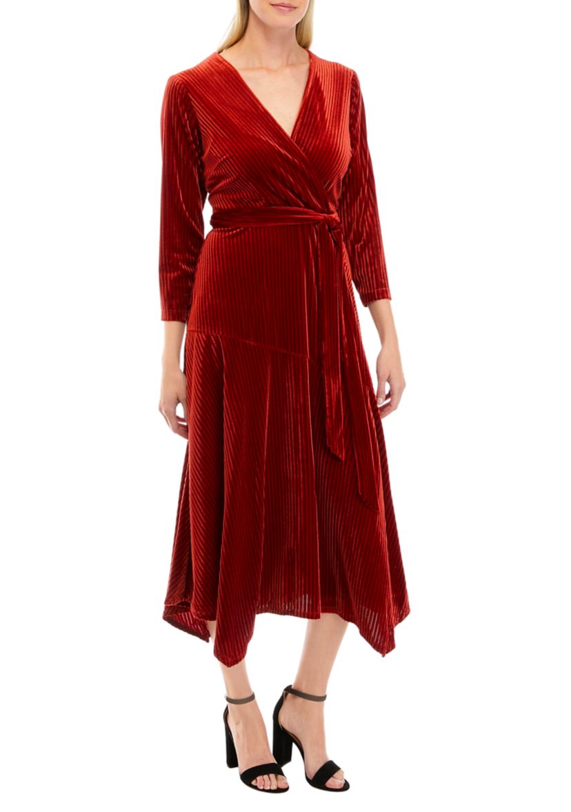 Womens 3/4 Sleeve Wrap Burnout Stripe Velvet Dress