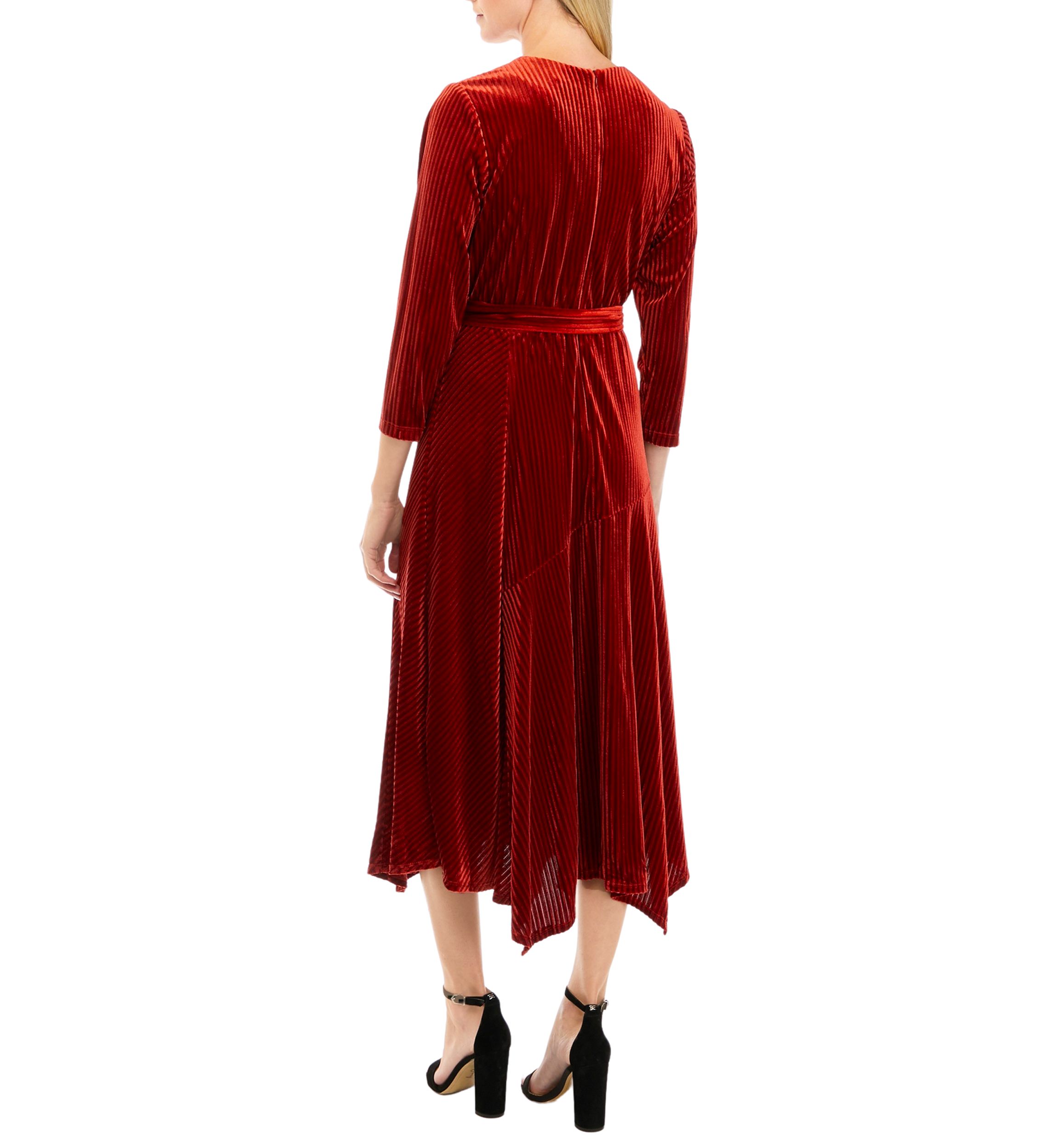 Womens 3/4 Sleeve Wrap Burnout Stripe Velvet Dress