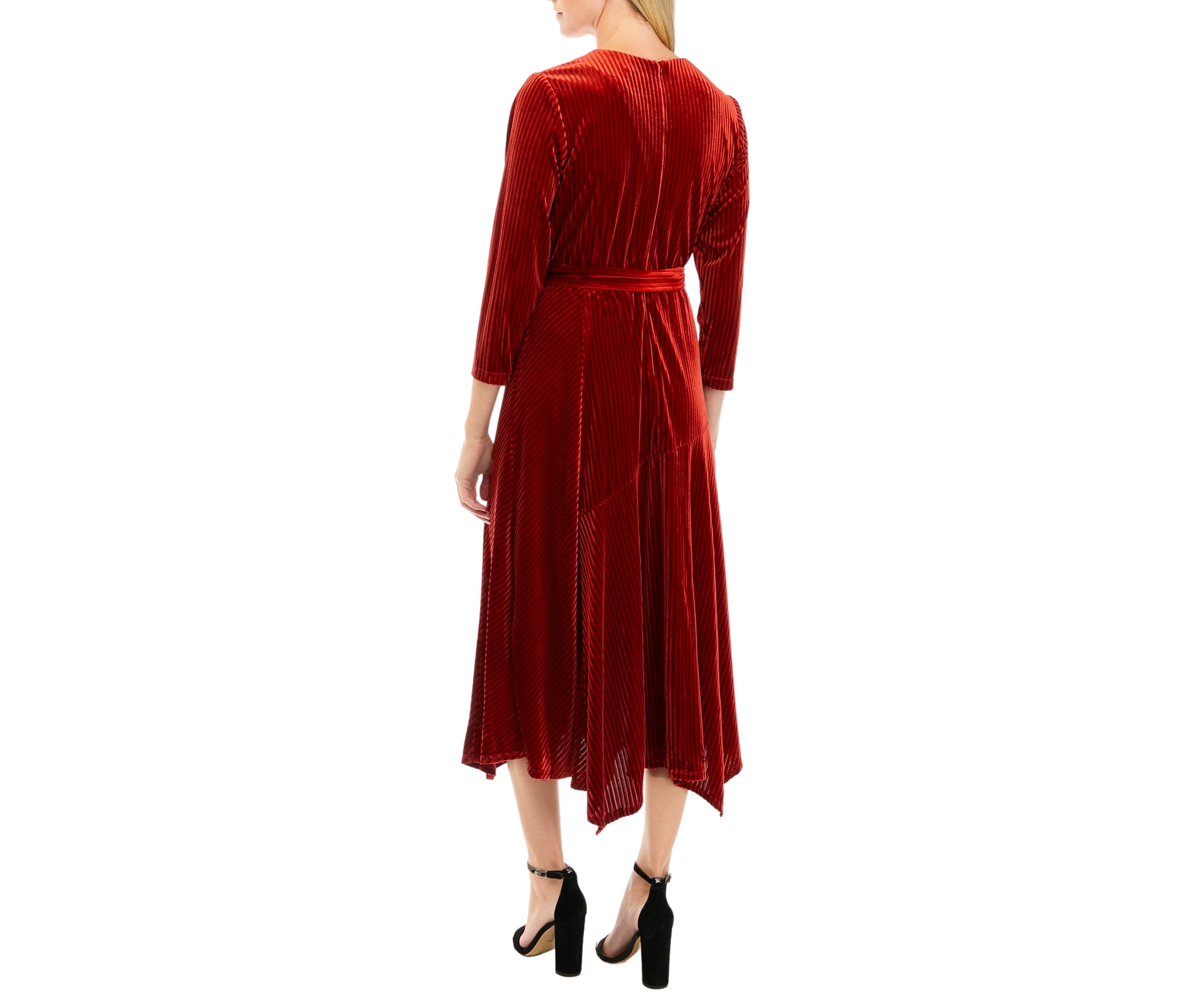 Womens 3/4 Sleeve Wrap Burnout Stripe Velvet Dress