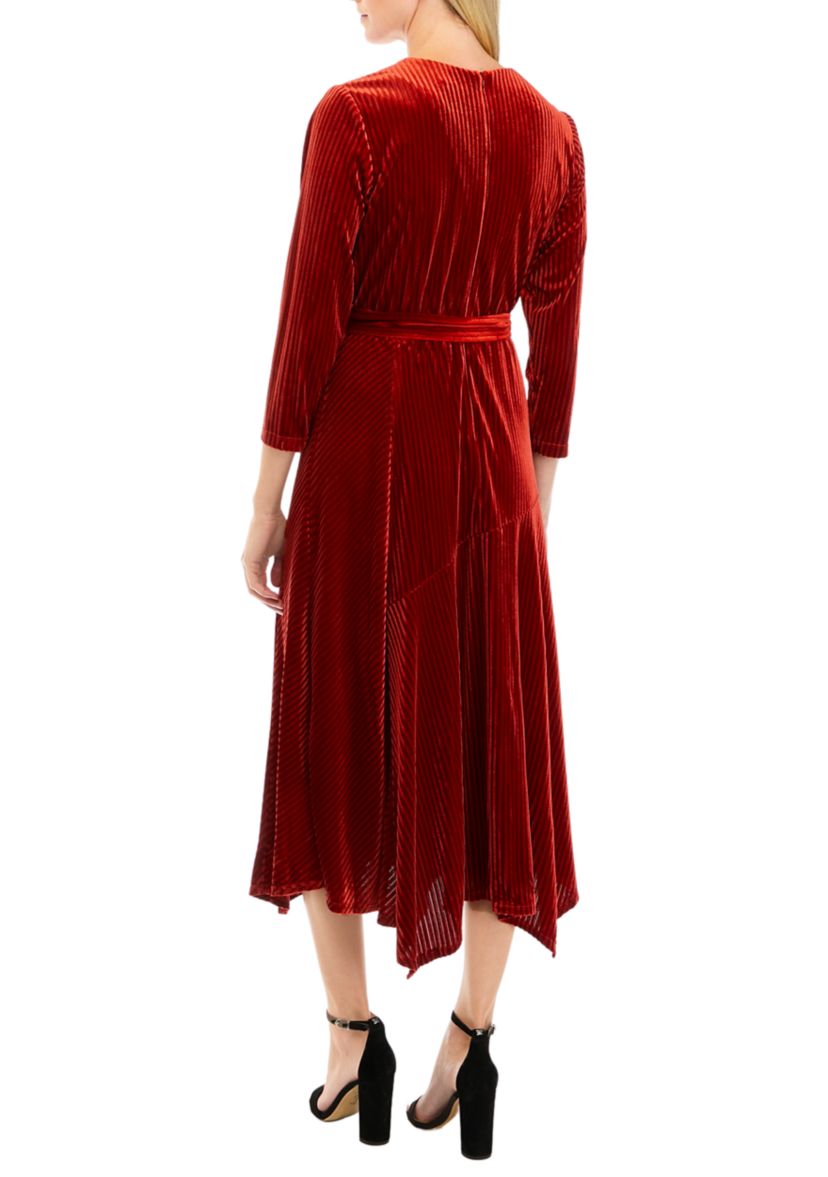 Womens 3/4 Sleeve Wrap Burnout Stripe Velvet Dress