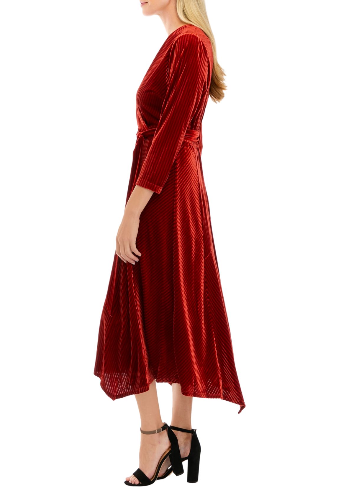 Womens 3/4 Sleeve Wrap Burnout Stripe Velvet Dress