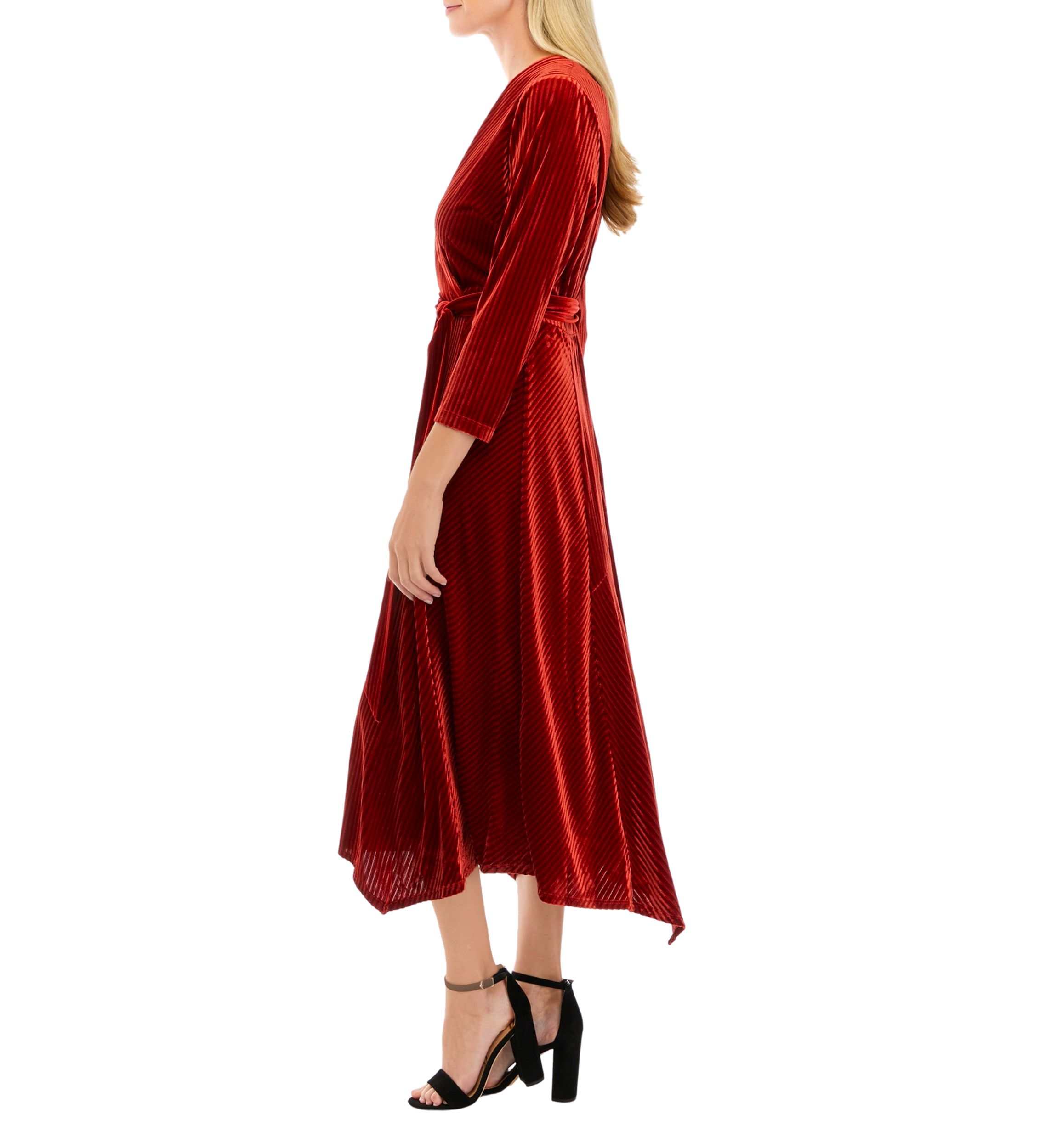 Womens 3/4 Sleeve Wrap Burnout Stripe Velvet Dress