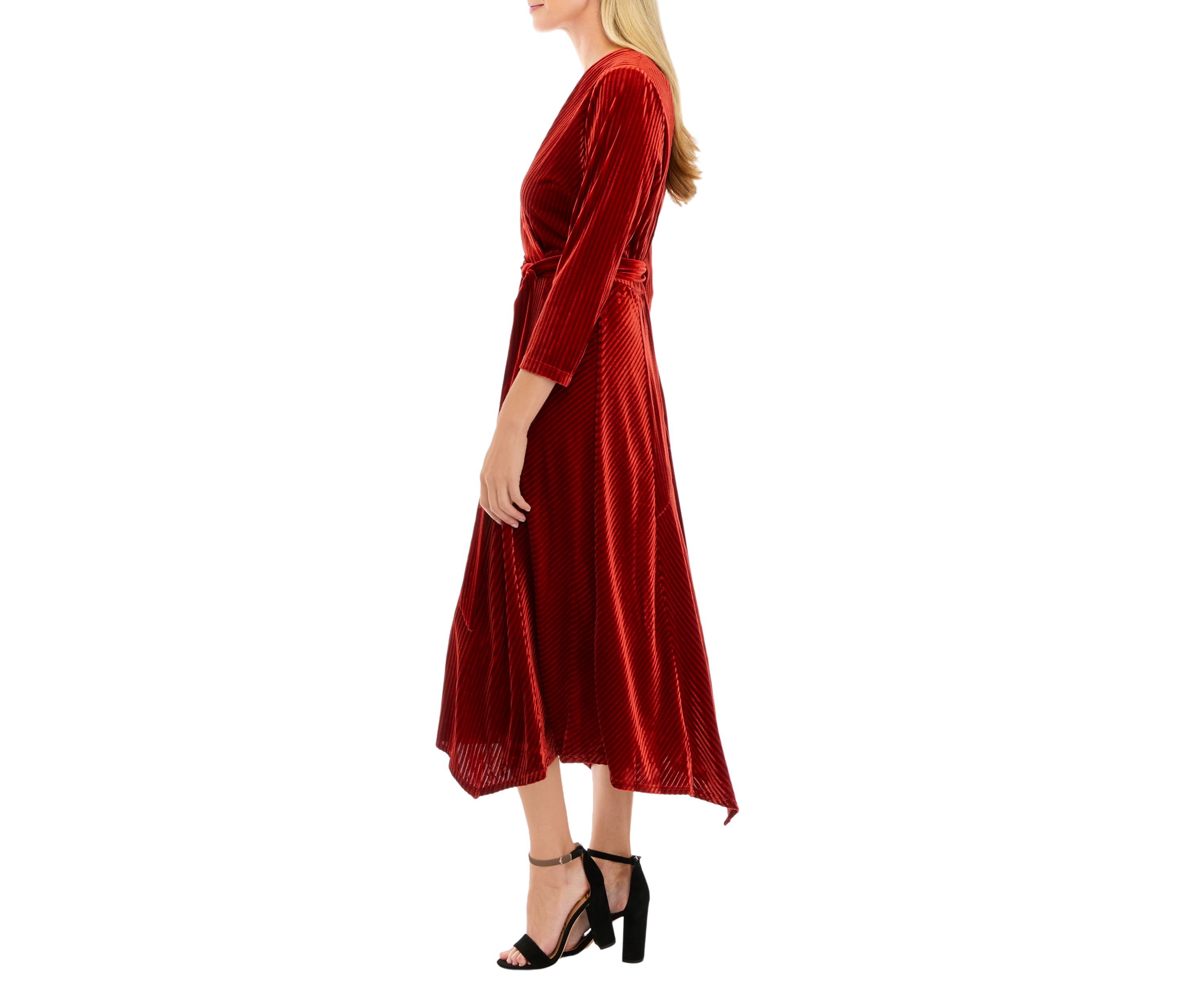 Womens 3/4 Sleeve Wrap Burnout Stripe Velvet Dress