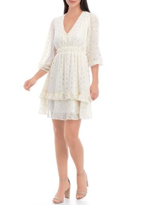 Women's 3/4 Sleeve Foil Clip Dot Chiffon Fit and Flare Dress