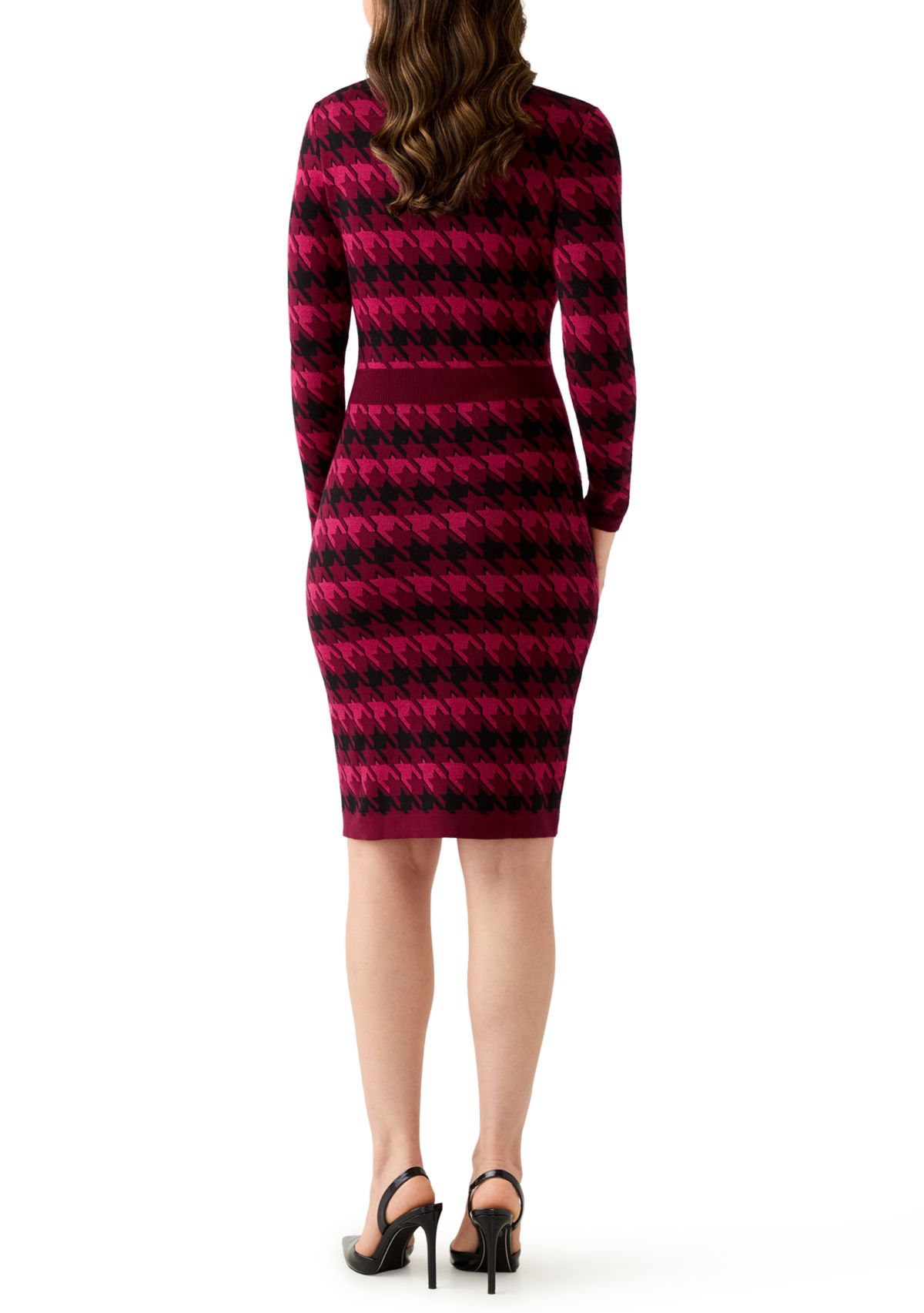 Womens Long Sleeve Houndstooth A-Line Sweater