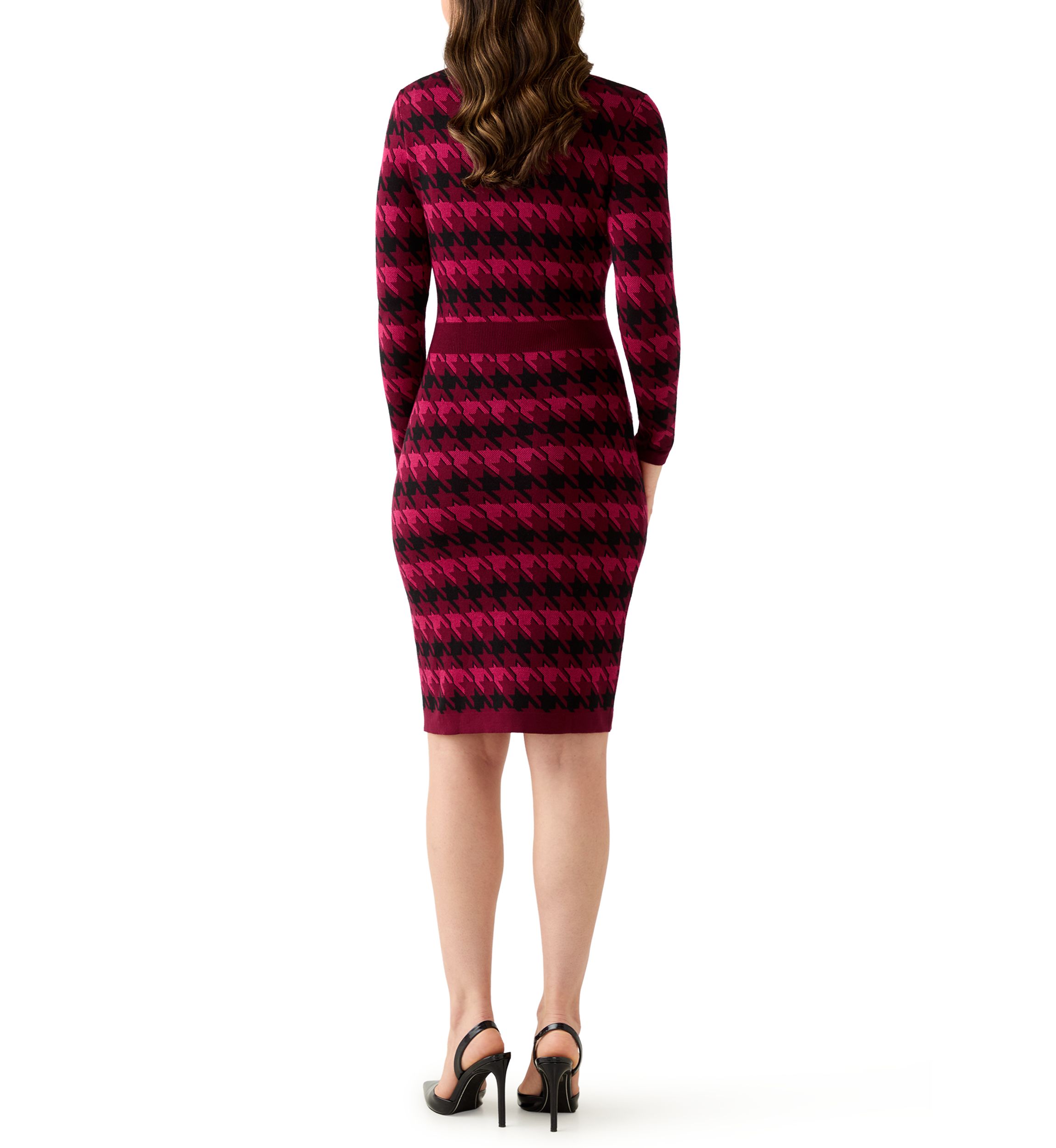 Womens Long Sleeve Houndstooth A-Line Sweater