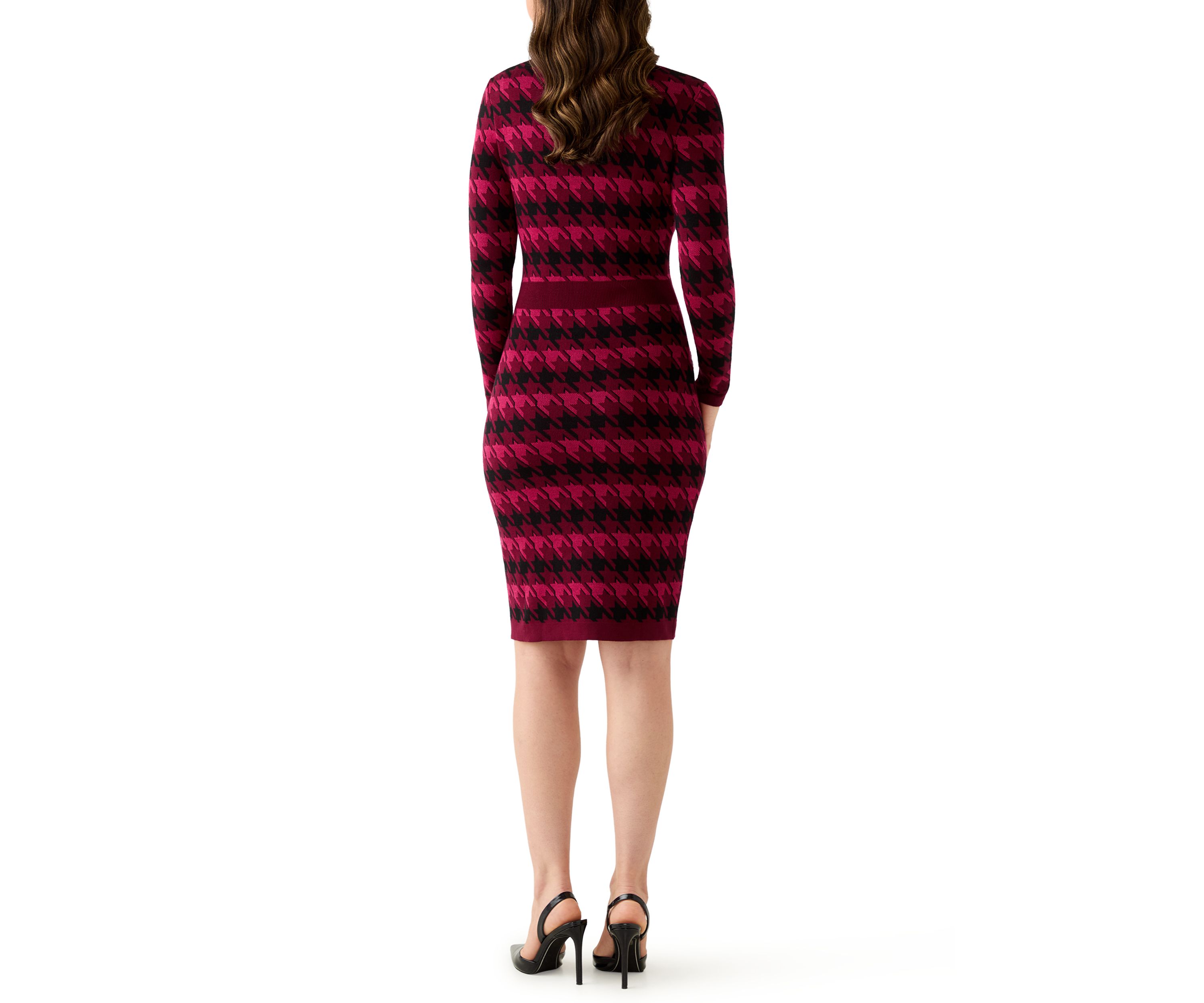 Womens Long Sleeve Houndstooth A-Line Sweater