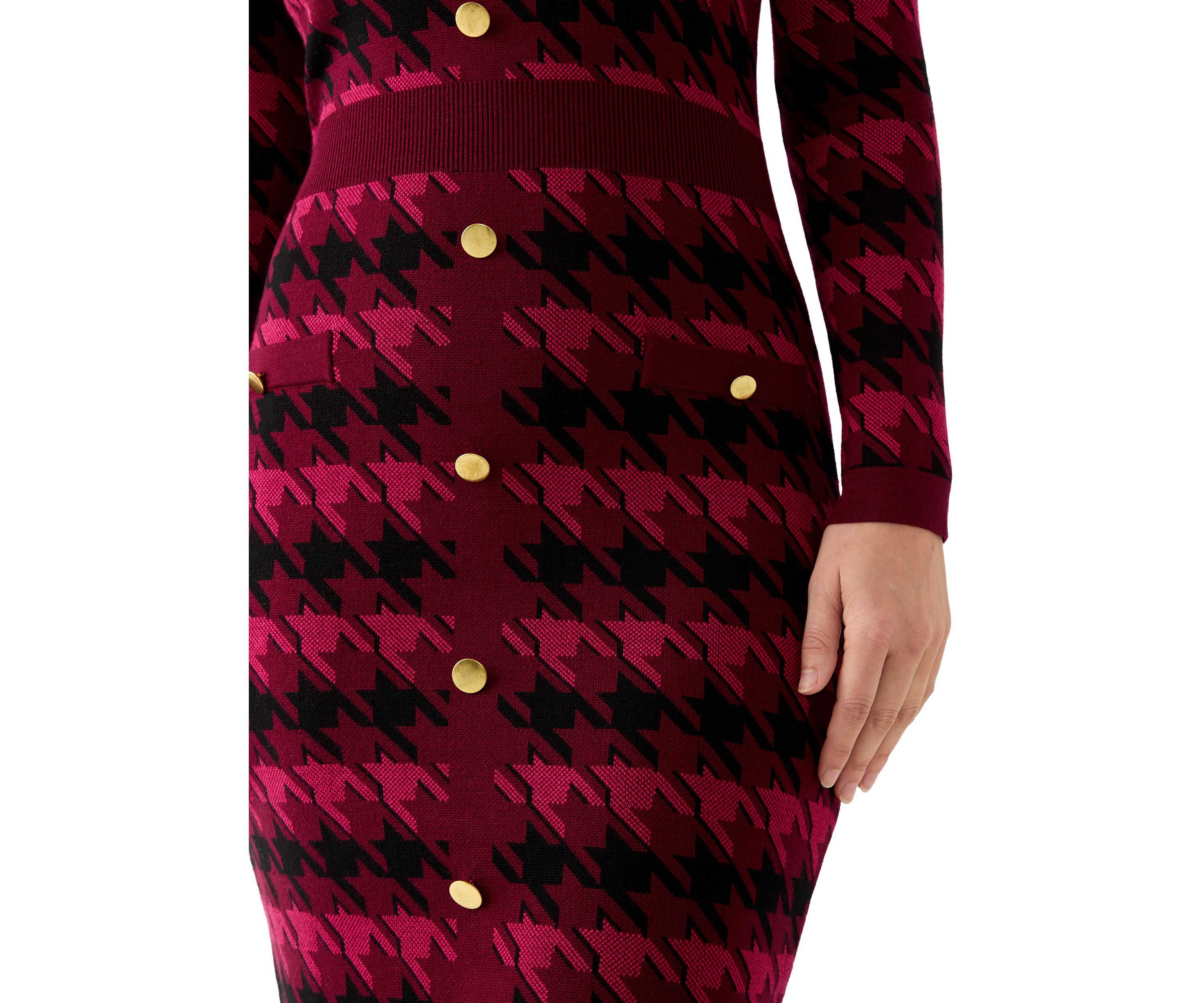 Womens Long Sleeve Houndstooth A-Line Sweater