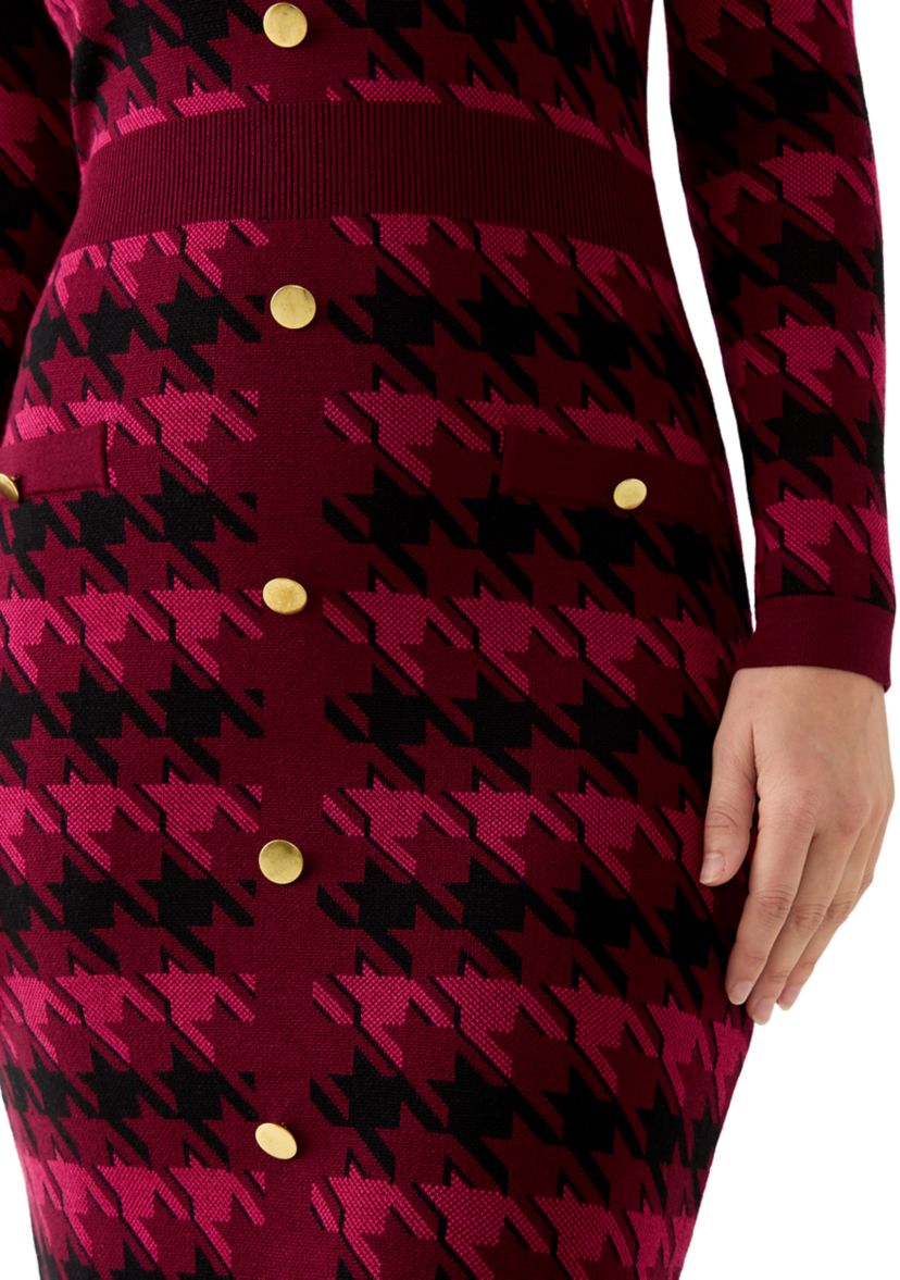 Womens Long Sleeve Houndstooth A-Line Sweater