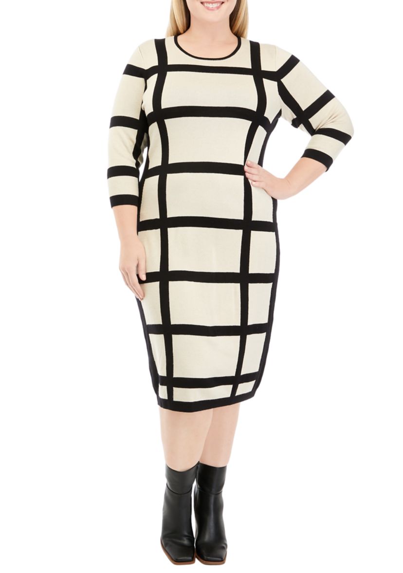 Plus Size 3/4 Sleeve Windowpane Sheath Dress
