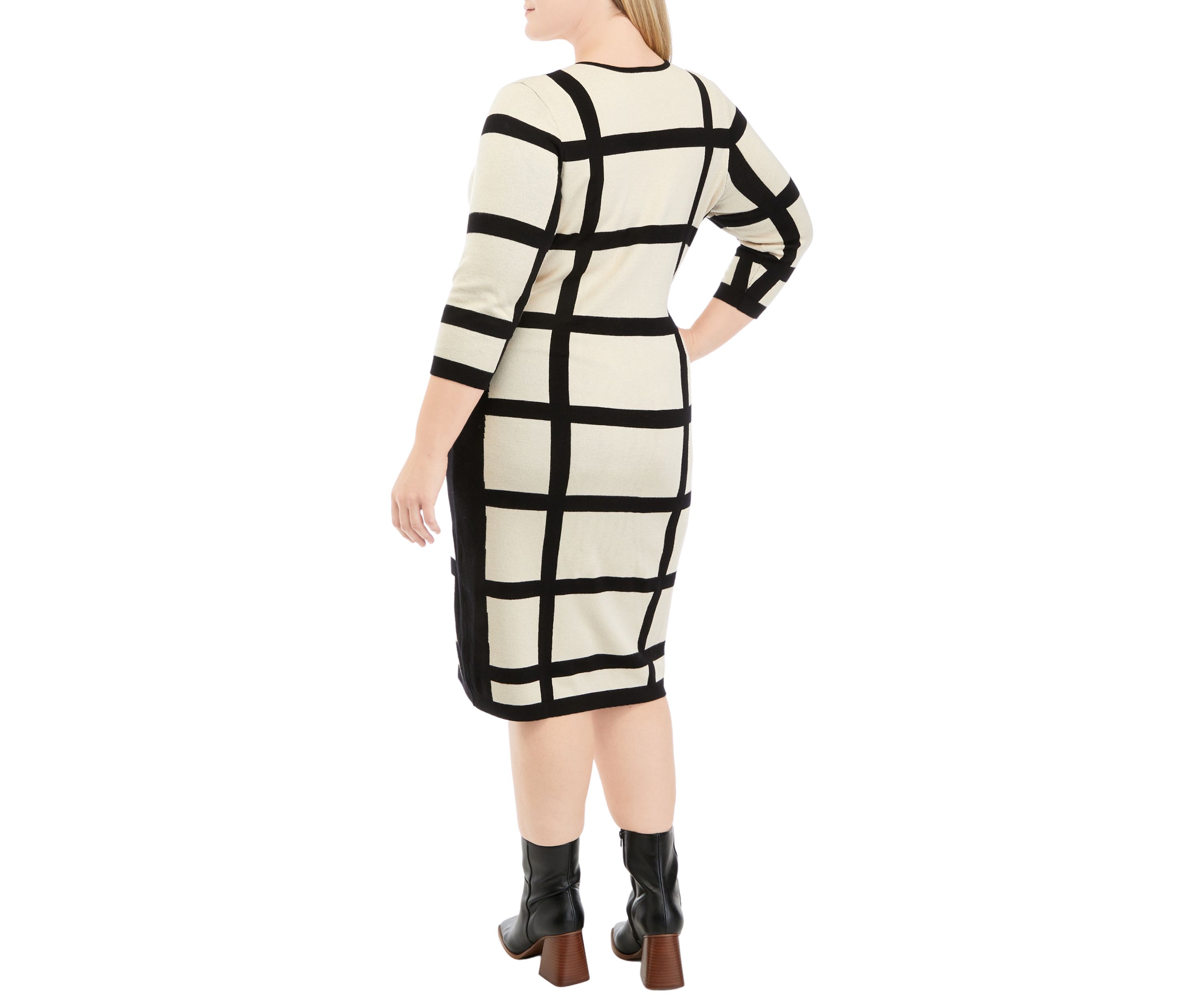 Plus Size 3/4 Sleeve Windowpane Sheath Dress