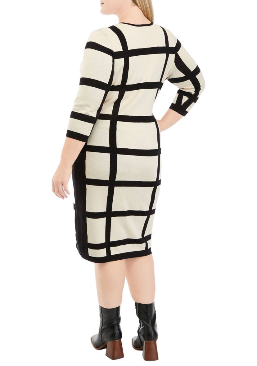 Plus Size 3/4 Sleeve Windowpane Sheath Dress