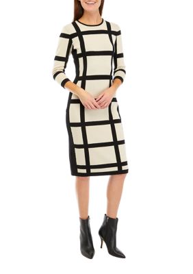 Women's 3/4 Sleeve Windowpane Sheath Sweater Dress