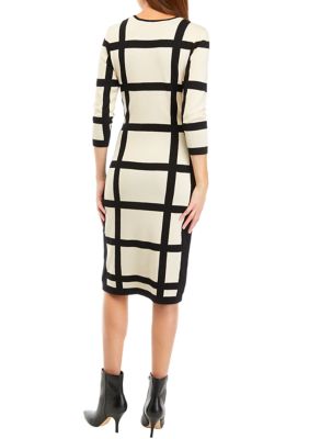 Women's 3/4 Sleeve Windowpane Sheath Sweater Dress