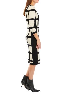 Women's 3/4 Sleeve Windowpane Sheath Sweater Dress