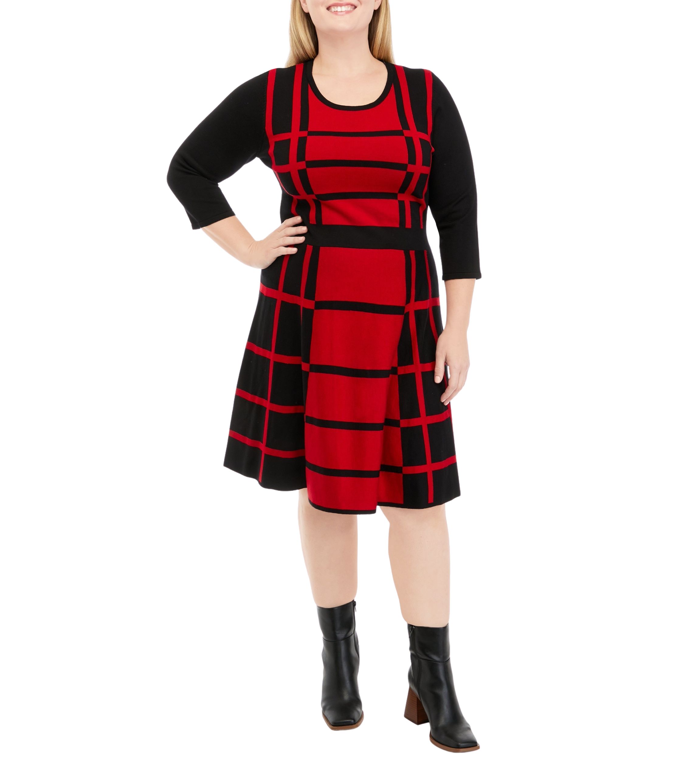 Plus Size 3/4 Sleeve Two-Tone Windowpane Fit and Flare Sweater Dress