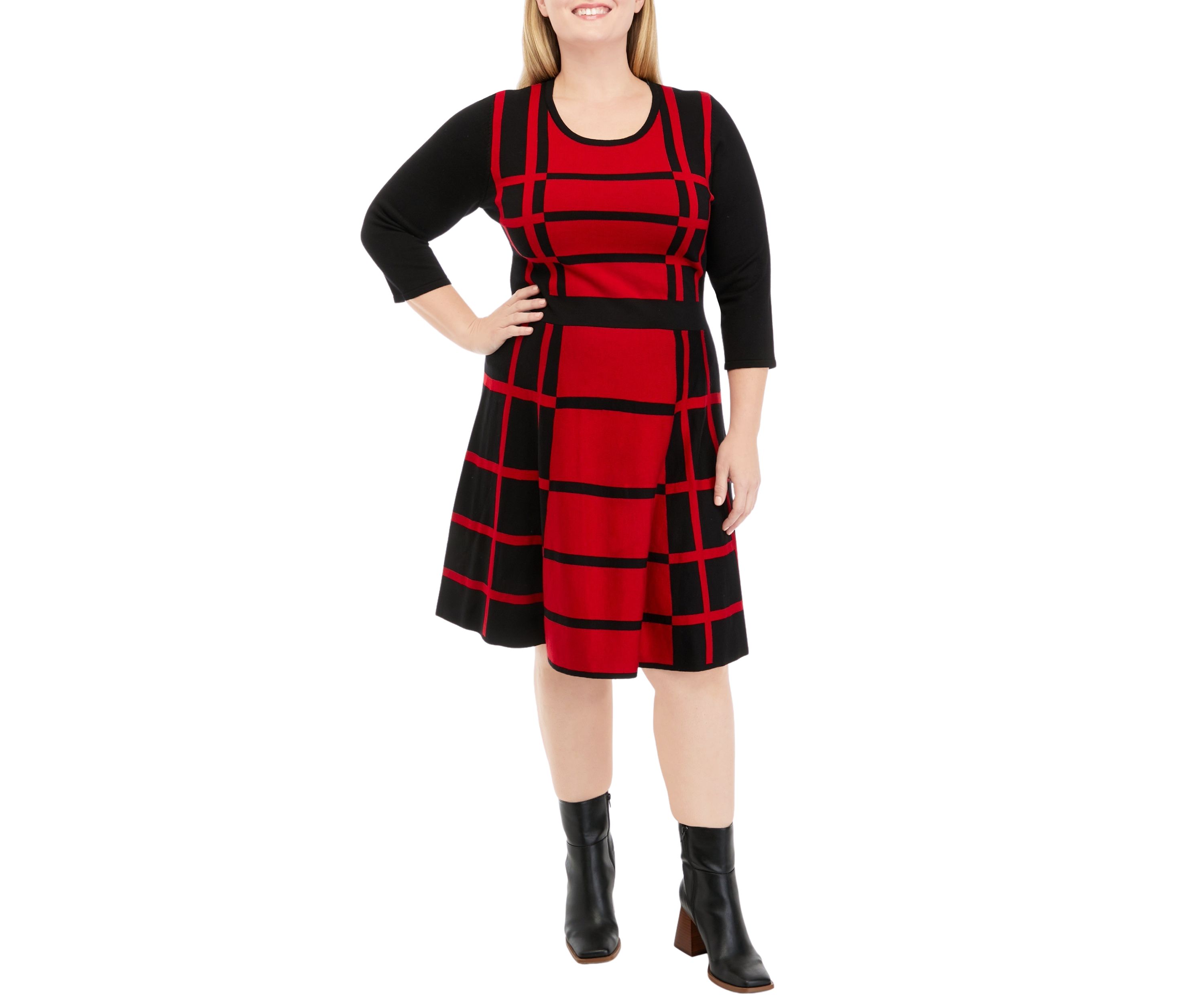 Plus Size 3/4 Sleeve Two-Tone Windowpane Fit and Flare Sweater Dress