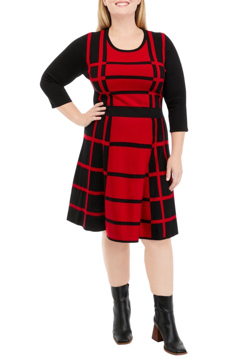 Plus Size 3/4 Sleeve Two-Tone Windowpane Fit and Flare Sweater Dress