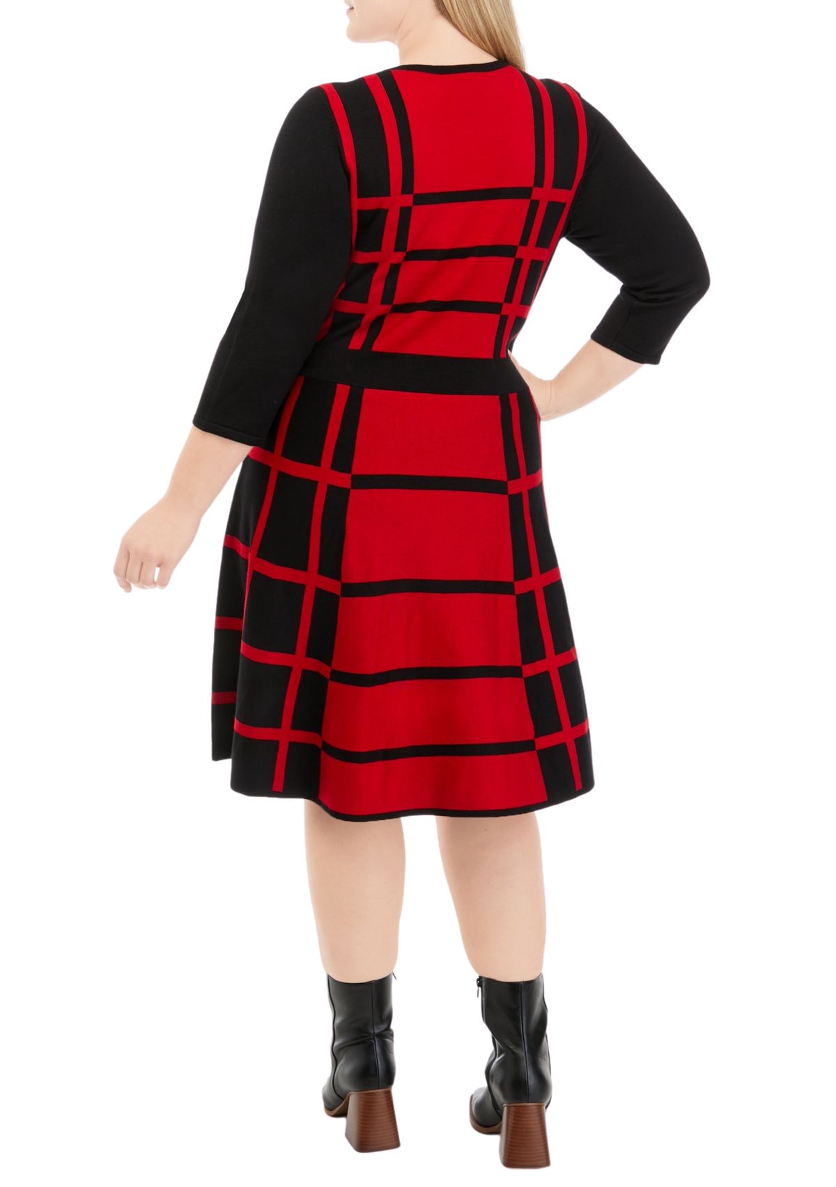 Plus Size 3/4 Sleeve Two-Tone Windowpane Fit and Flare Sweater Dress