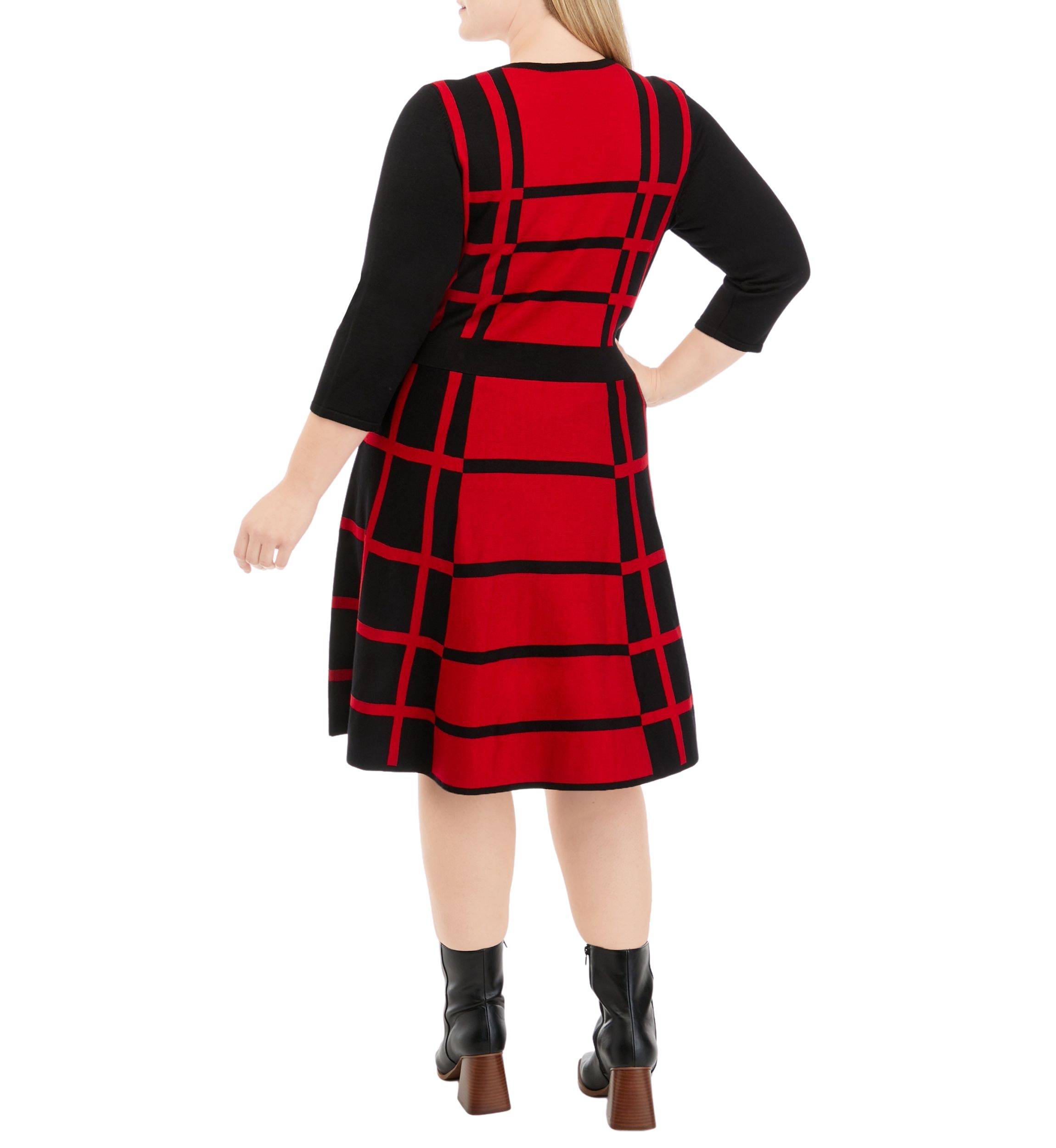 Plus Size 3/4 Sleeve Two-Tone Windowpane Fit and Flare Sweater Dress