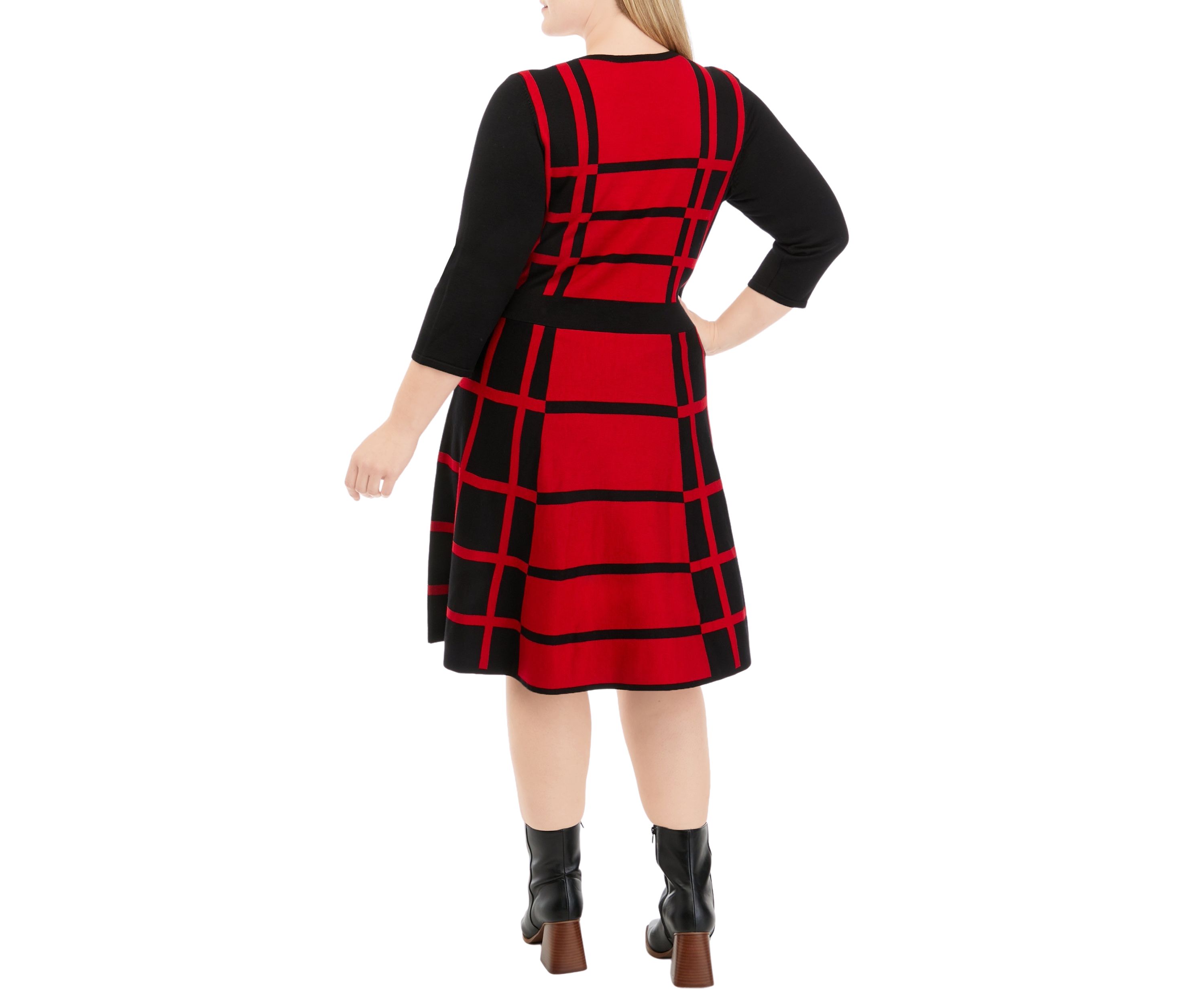 Plus Size 3/4 Sleeve Two-Tone Windowpane Fit and Flare Sweater Dress