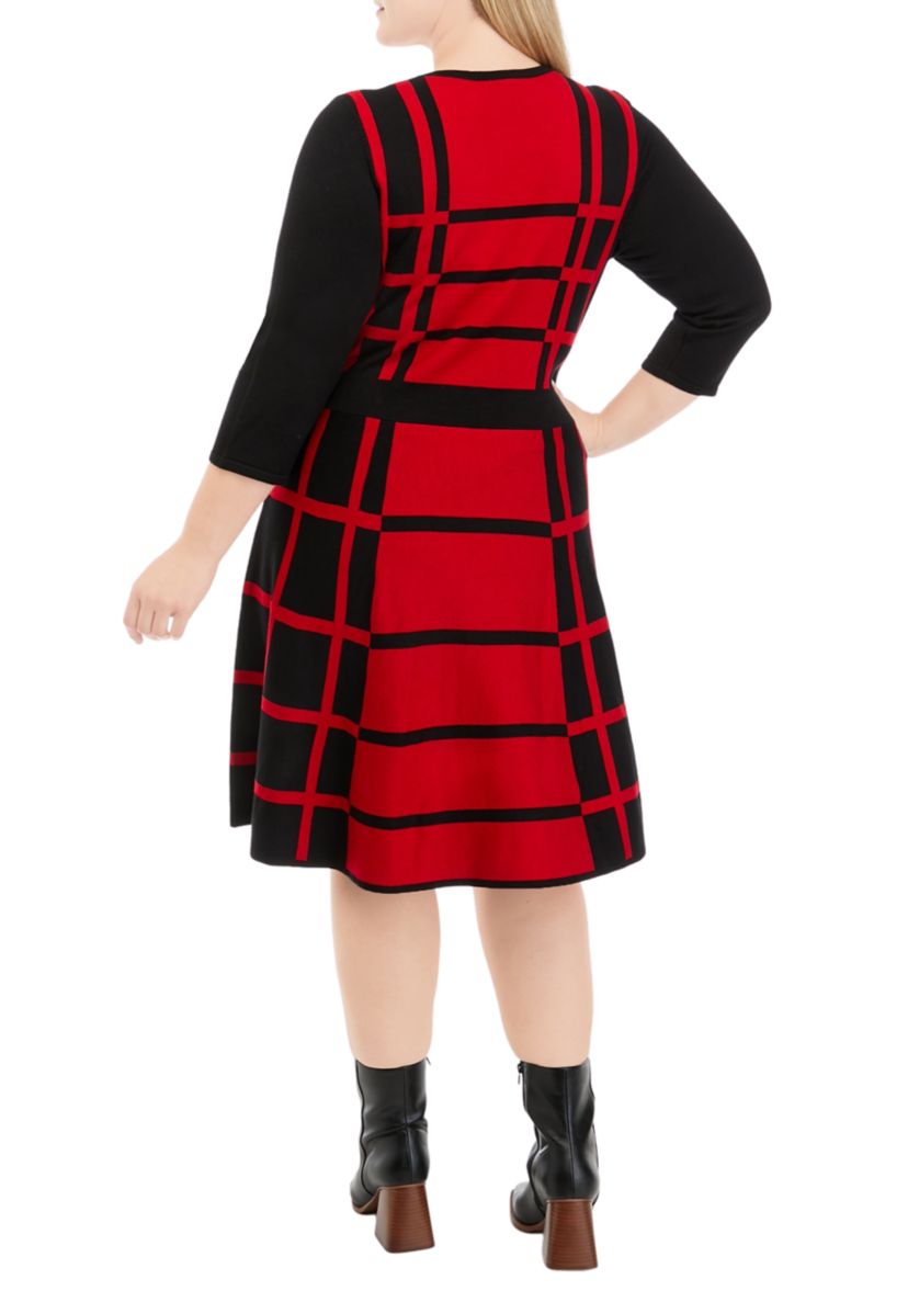 Plus Size 3/4 Sleeve Two-Tone Windowpane Fit and Flare Sweater Dress