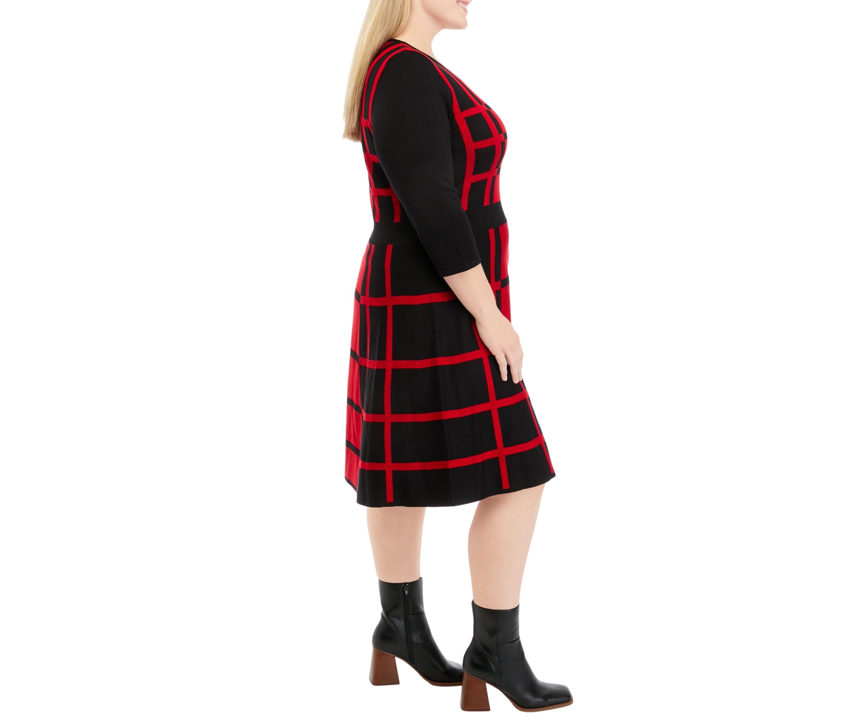 Plus Size 3/4 Sleeve Two-Tone Windowpane Fit and Flare Sweater Dress