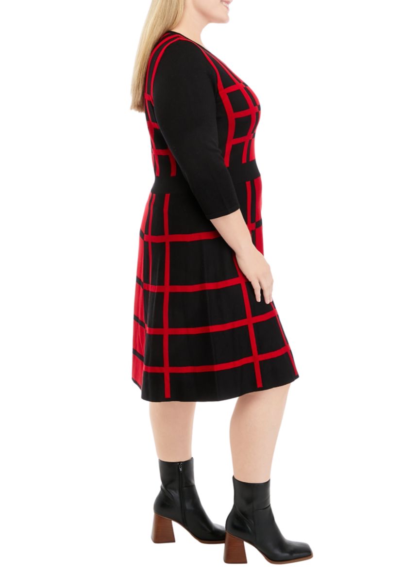 Plus Size 3/4 Sleeve Two-Tone Windowpane Fit and Flare Sweater Dress