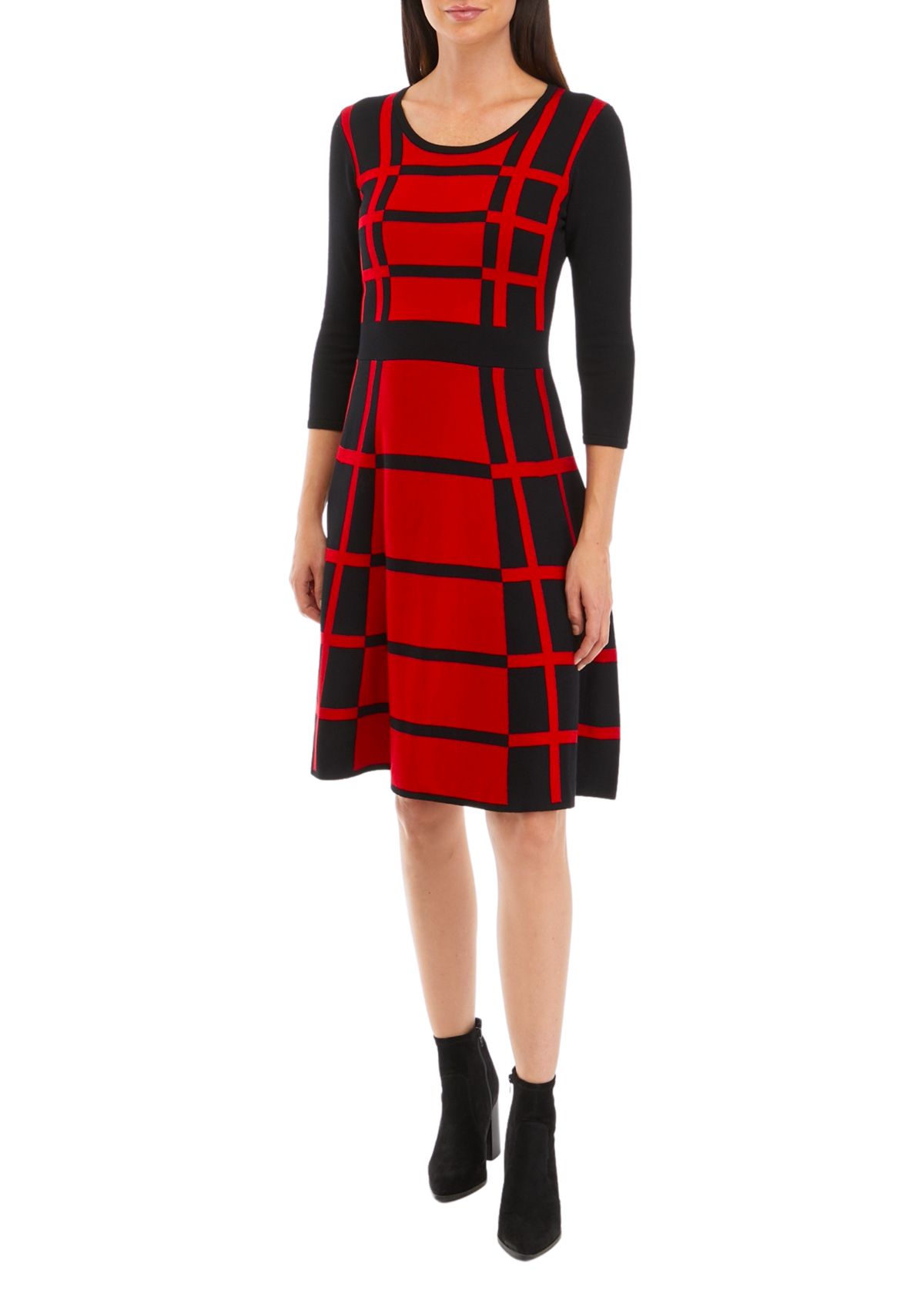Womens 3/4 Sleeve Color Block Windowpane Sweater Dress