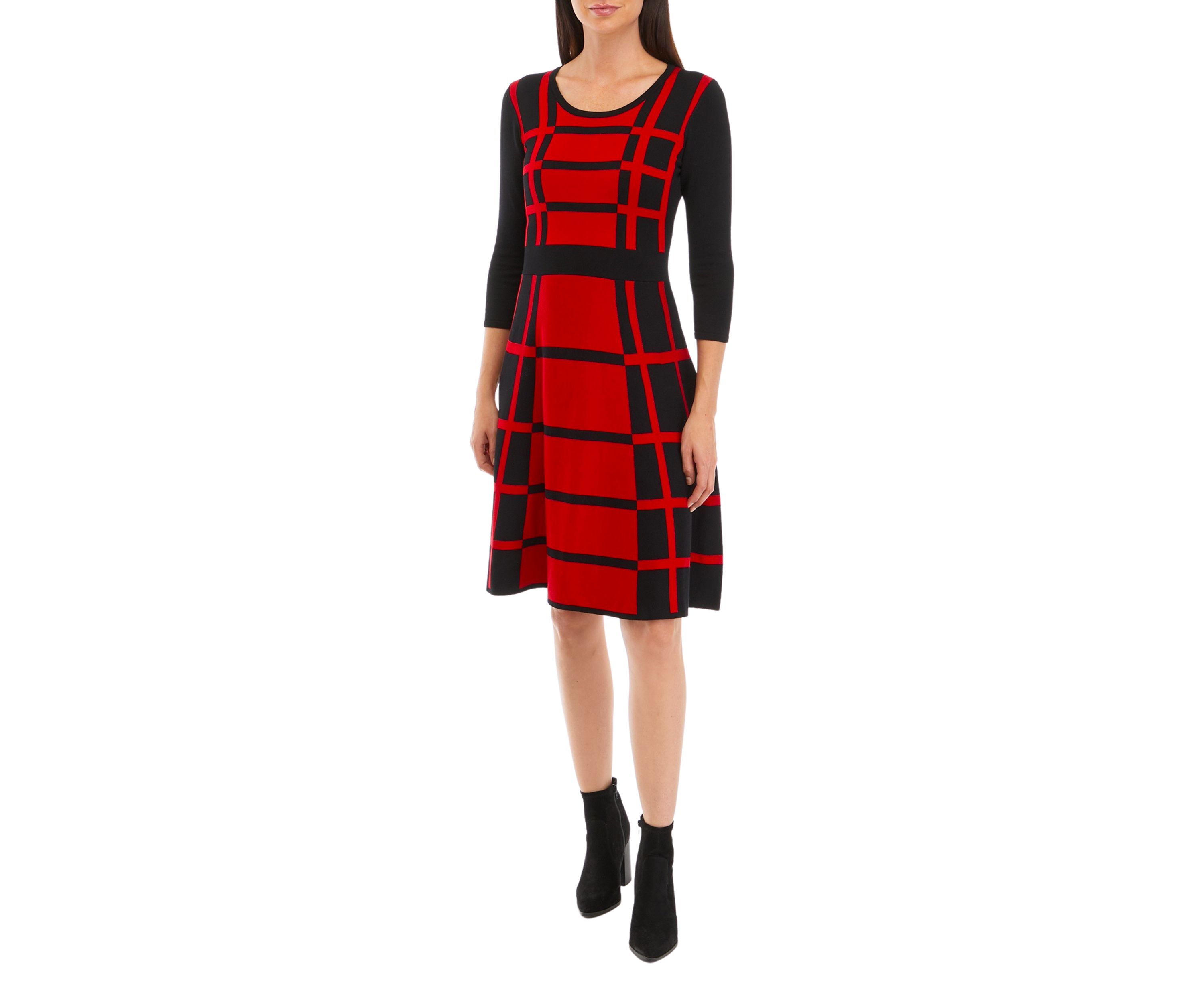 Womens 3/4 Sleeve Color Block Windowpane Sweater Dress