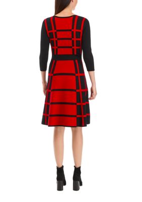 Women's 3/4 Sleeve Color Block Windowpane Sweater Dress