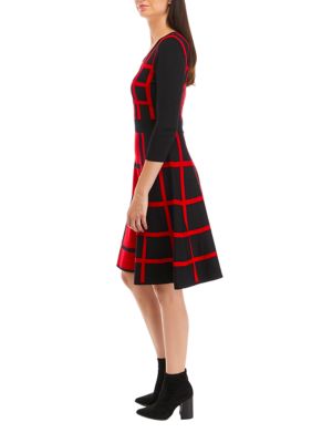 Women's 3/4 Sleeve Color Block Windowpane Sweater Dress