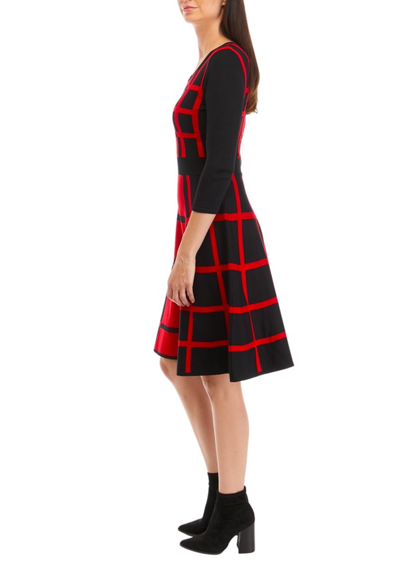 Womens 3/4 Sleeve Color Block Windowpane Sweater Dress