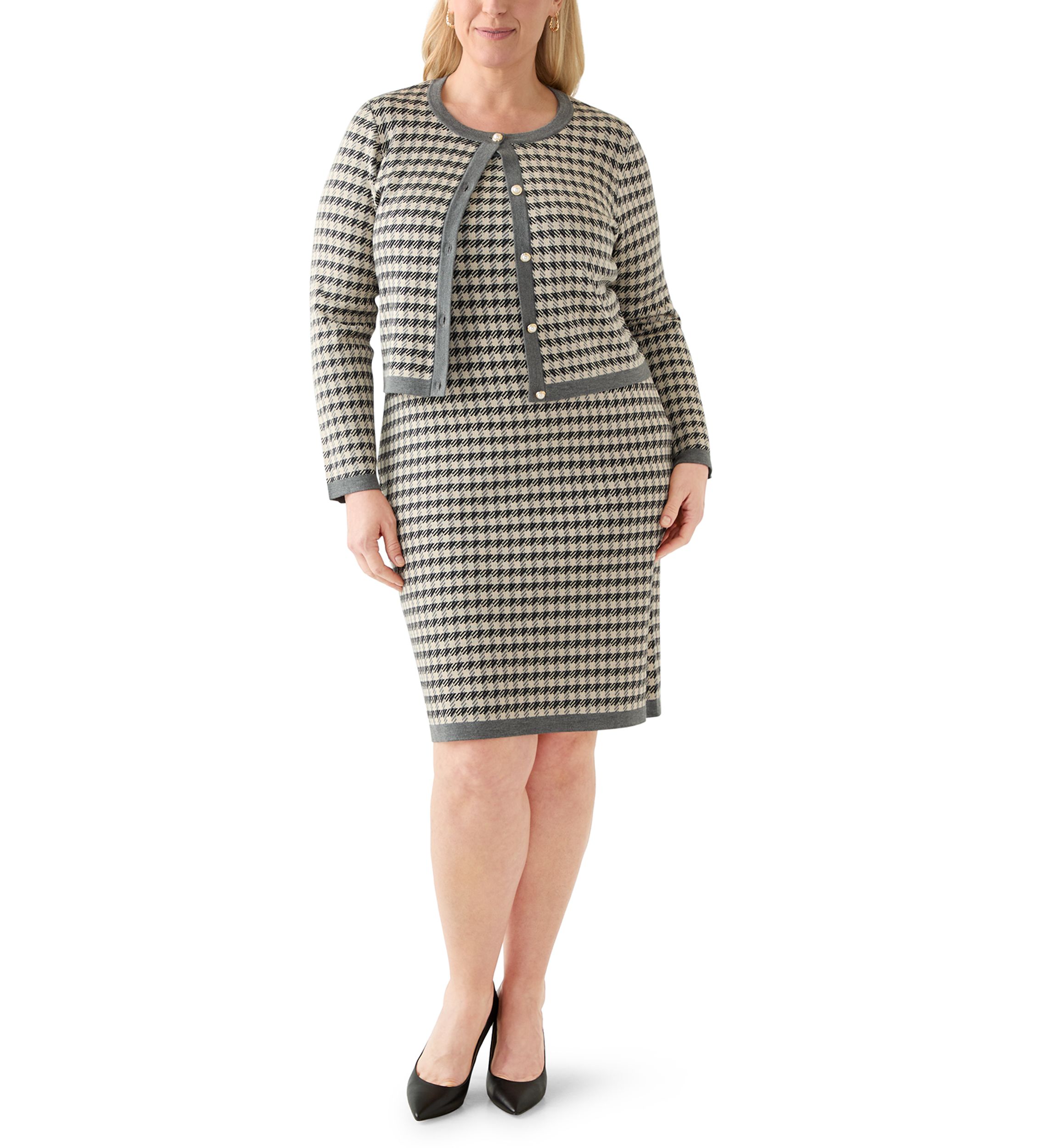 Plus Size Crew Neck Houndstooth Cardigan and Sheath Dress Set