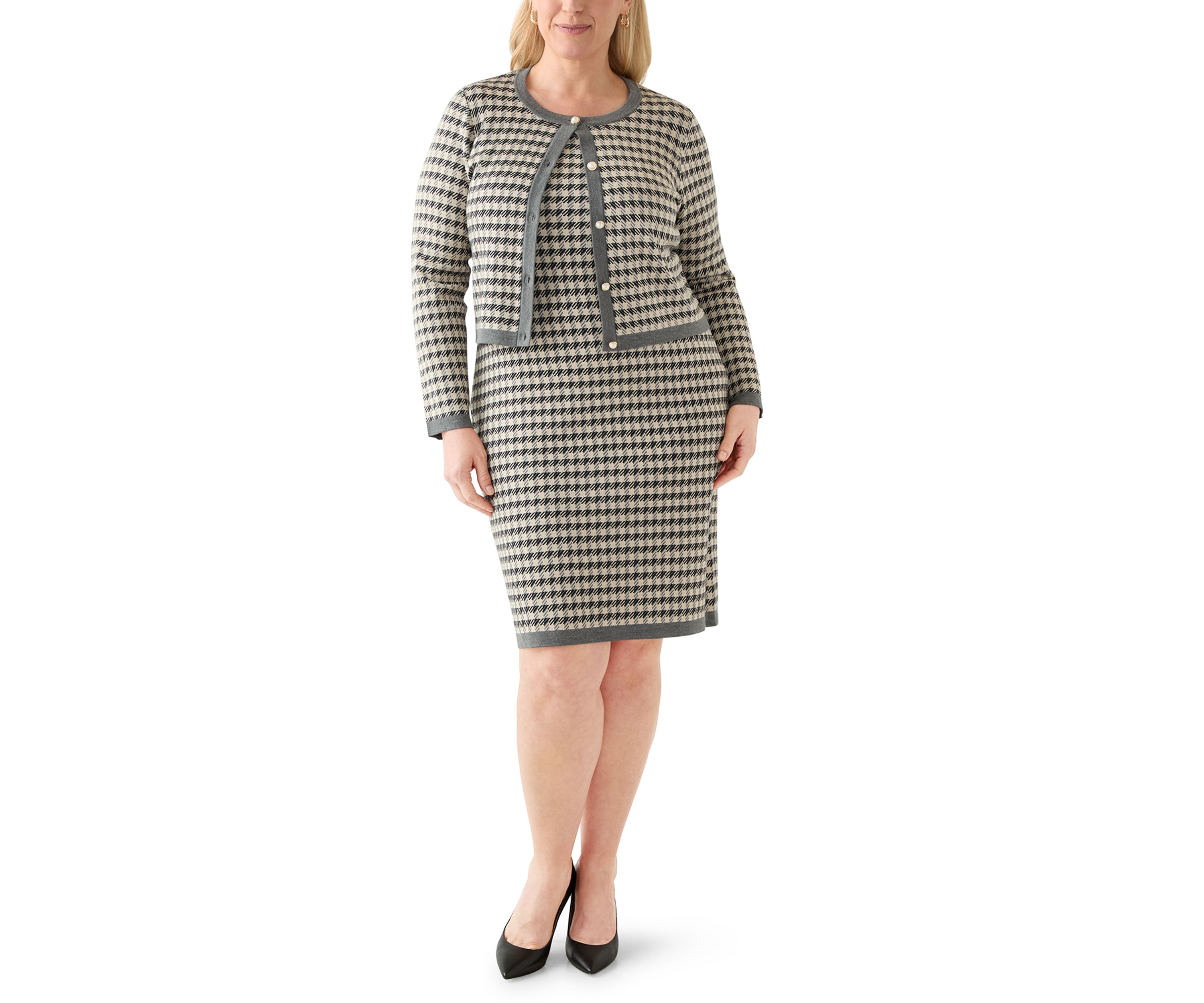 Plus Size Crew Neck Houndstooth Cardigan and Sheath Dress Set