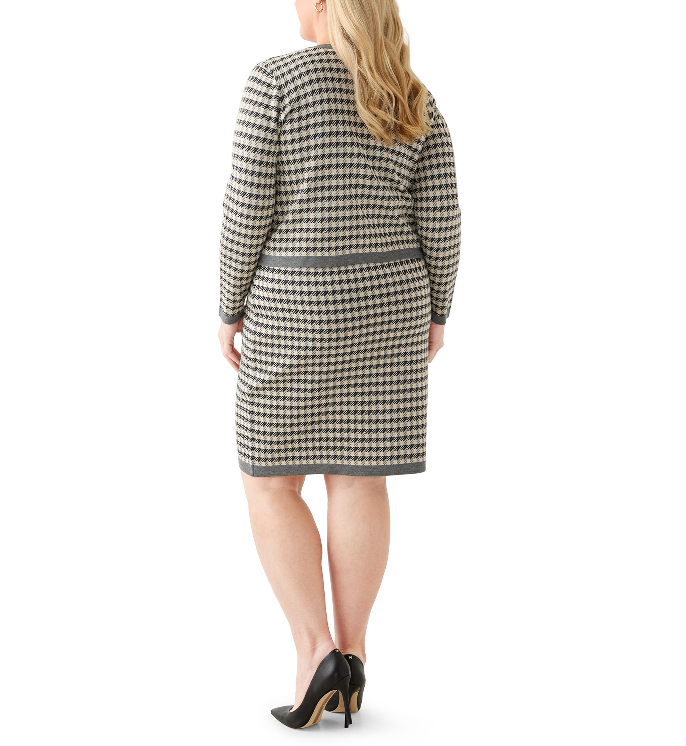 Plus Size Crew Neck Houndstooth Cardigan and Sheath Dress Set