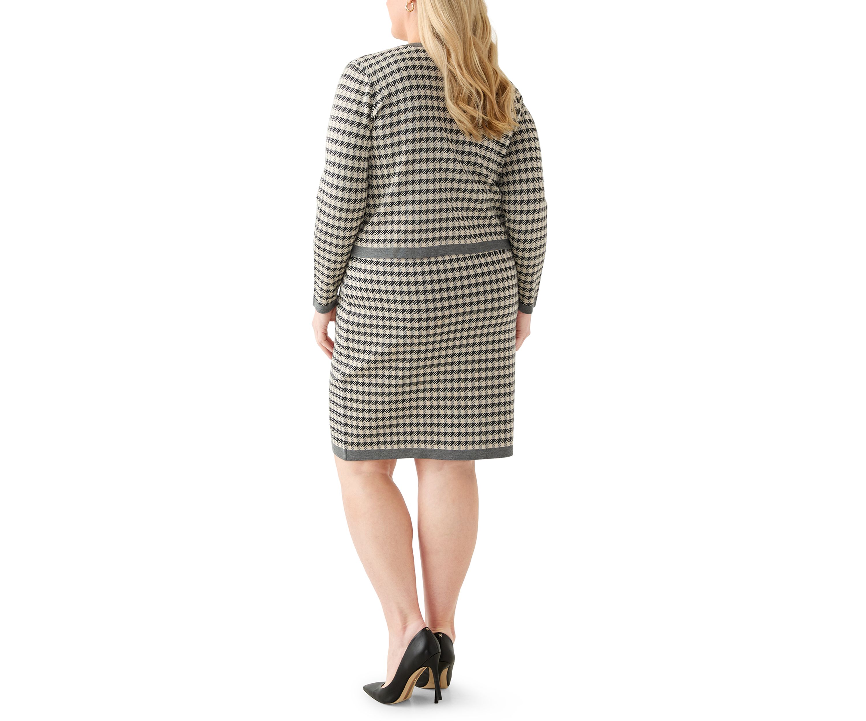 Plus Size Crew Neck Houndstooth Cardigan and Sheath Dress Set