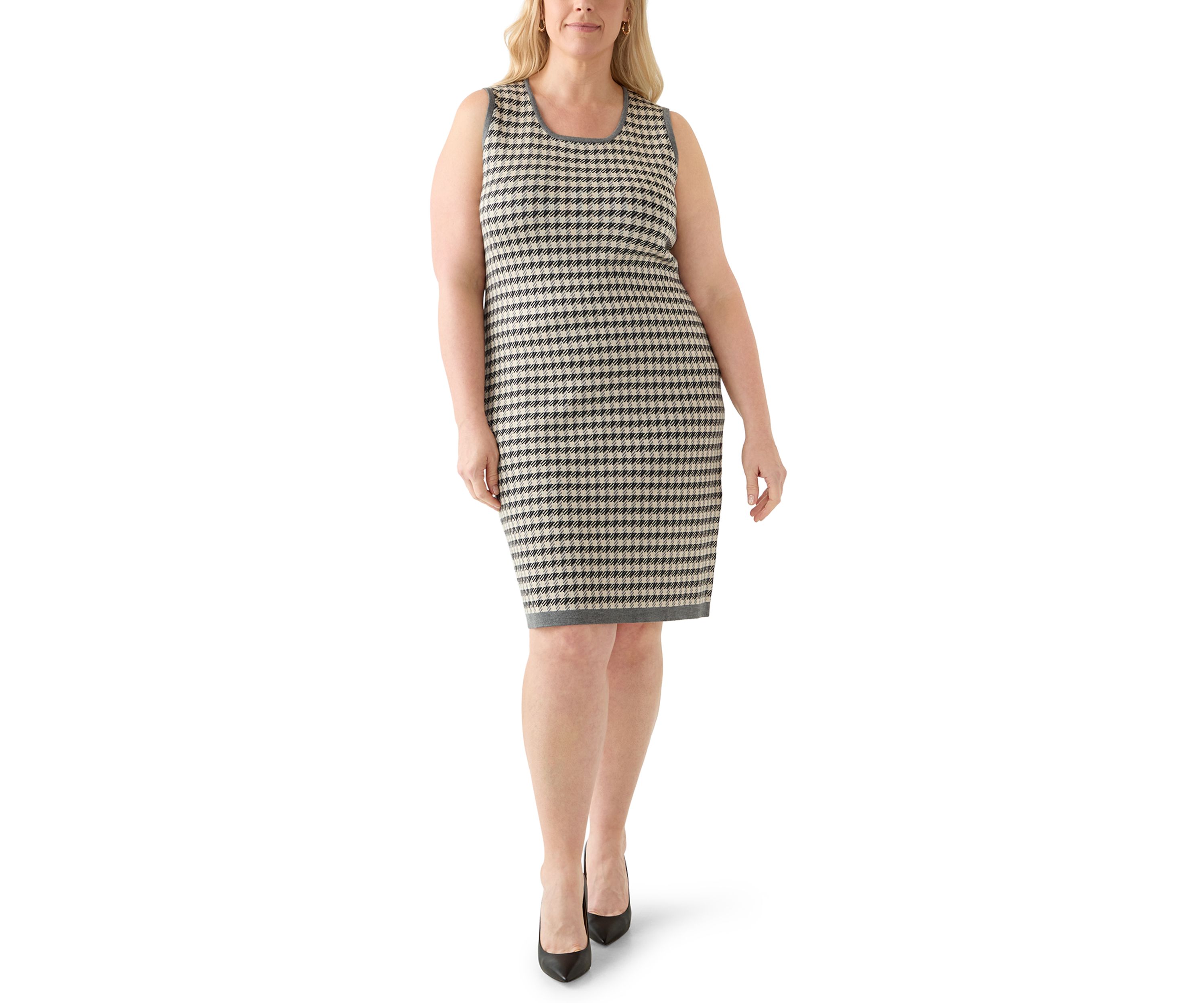 Plus Size Crew Neck Houndstooth Cardigan and Sheath Dress Set