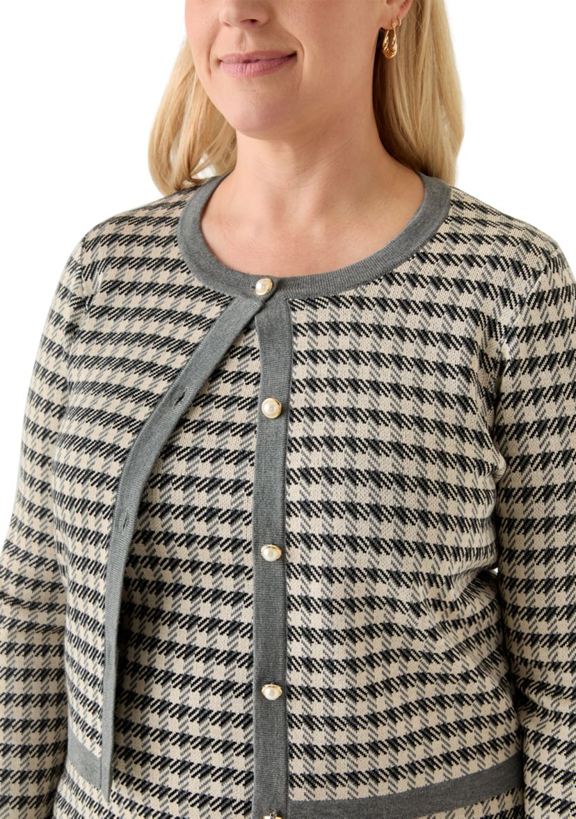 Plus Size Crew Neck Houndstooth Cardigan and Sheath Dress Set