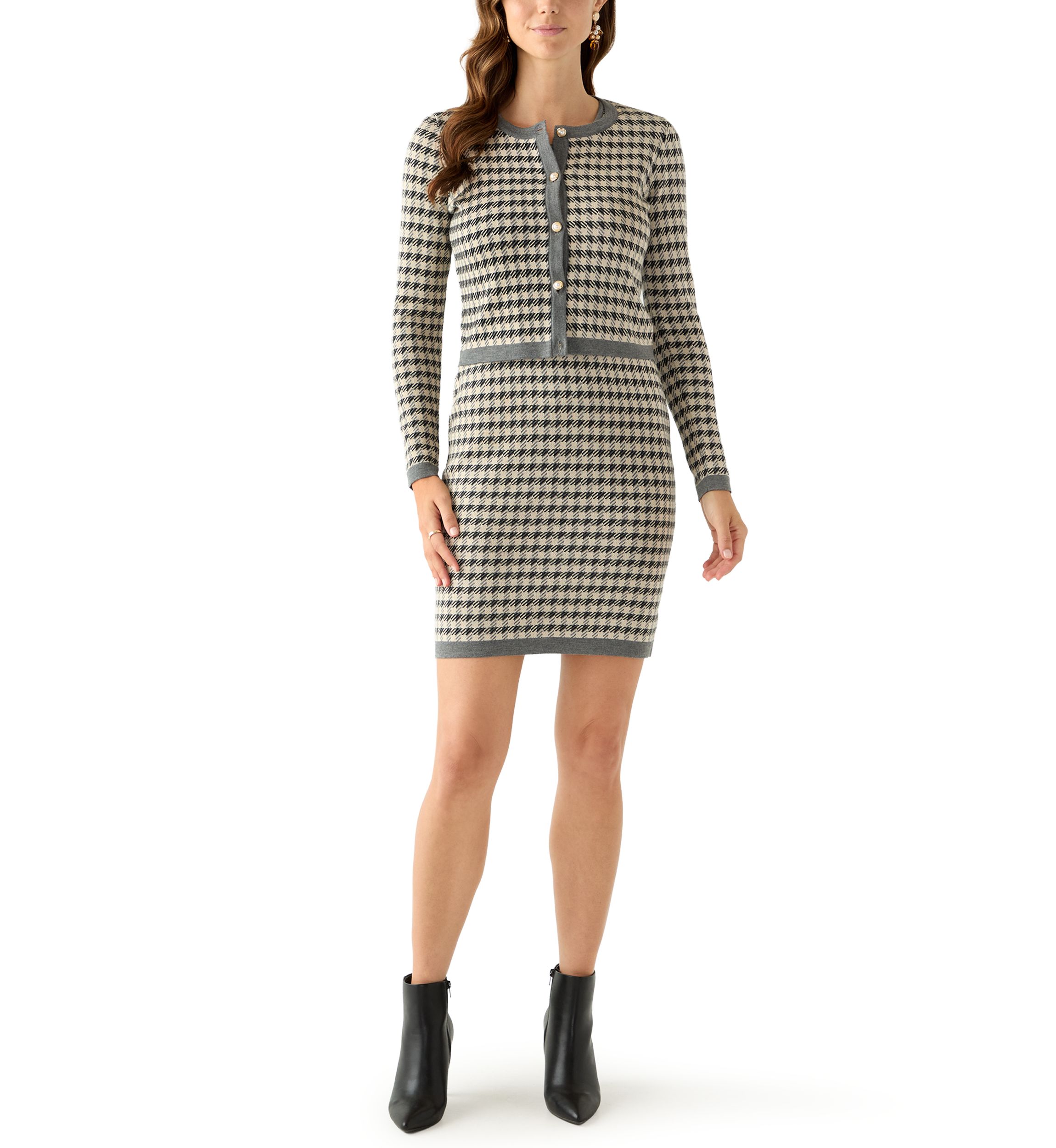 Womens Long Sleeve Crew Neck Houndstooth Sweater and Sheath Dress Set