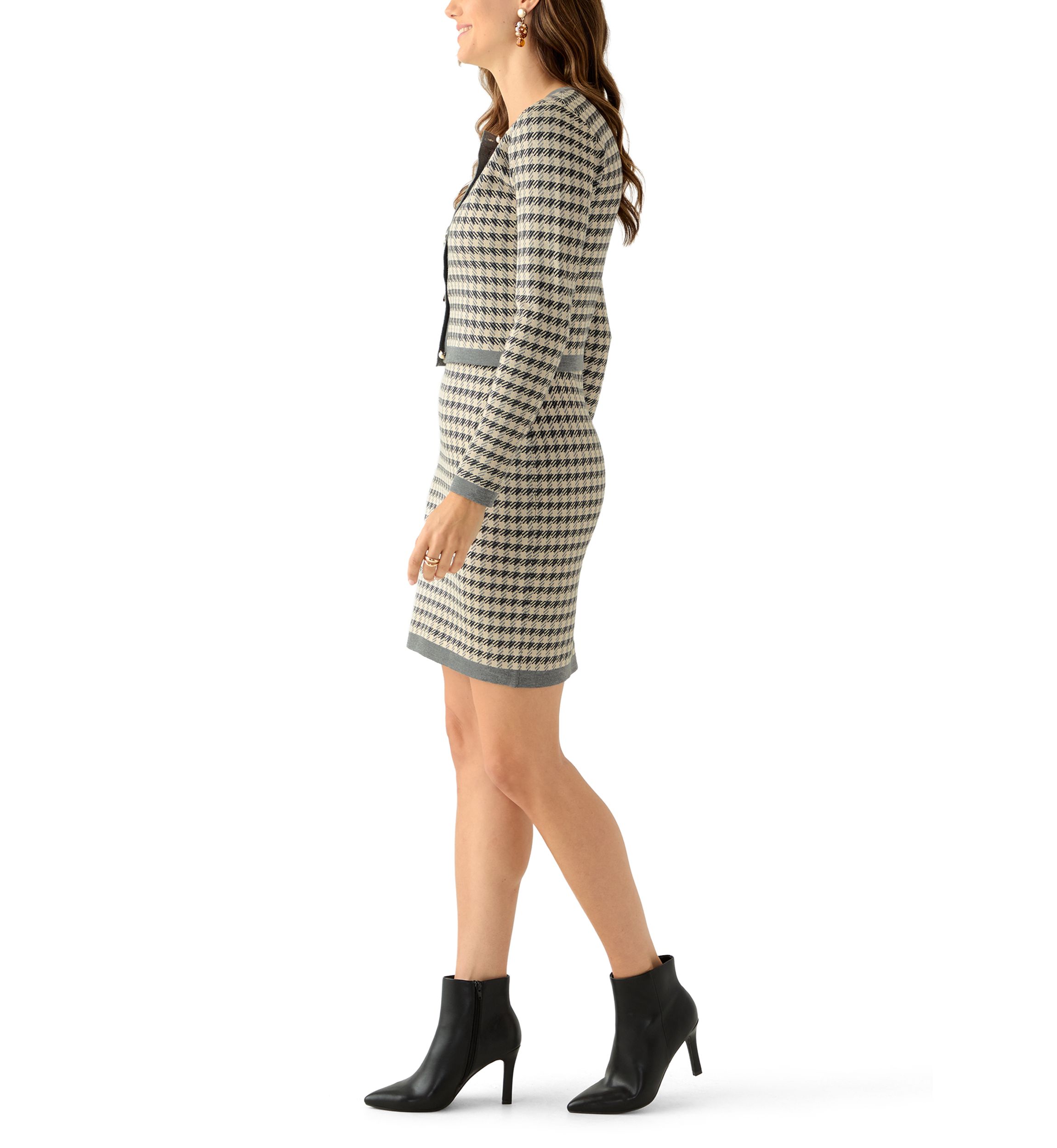 Womens Long Sleeve Crew Neck Houndstooth Sweater and Sheath Dress Set