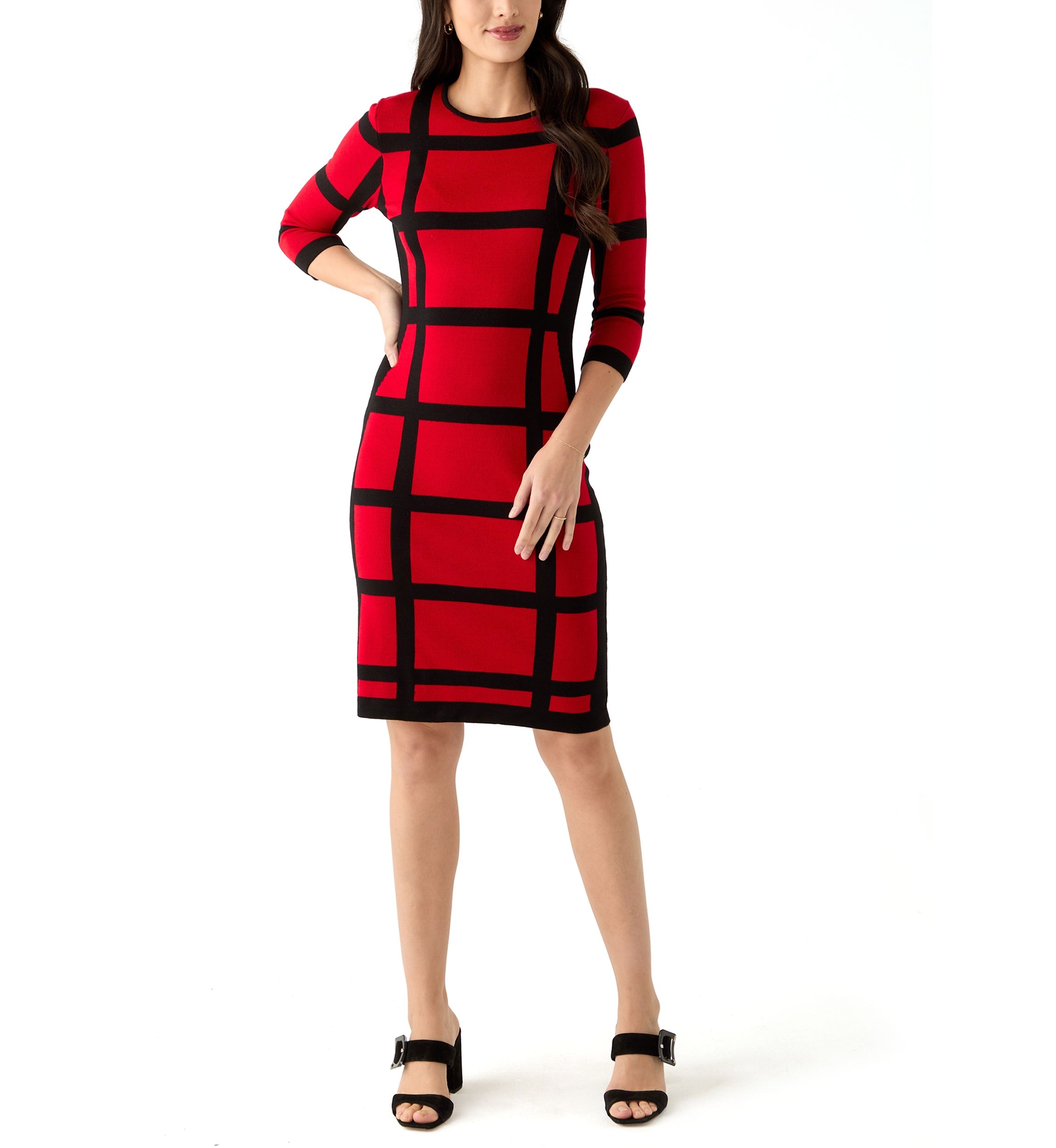 Womens Long Sleeve Grid Print Sheath Dress