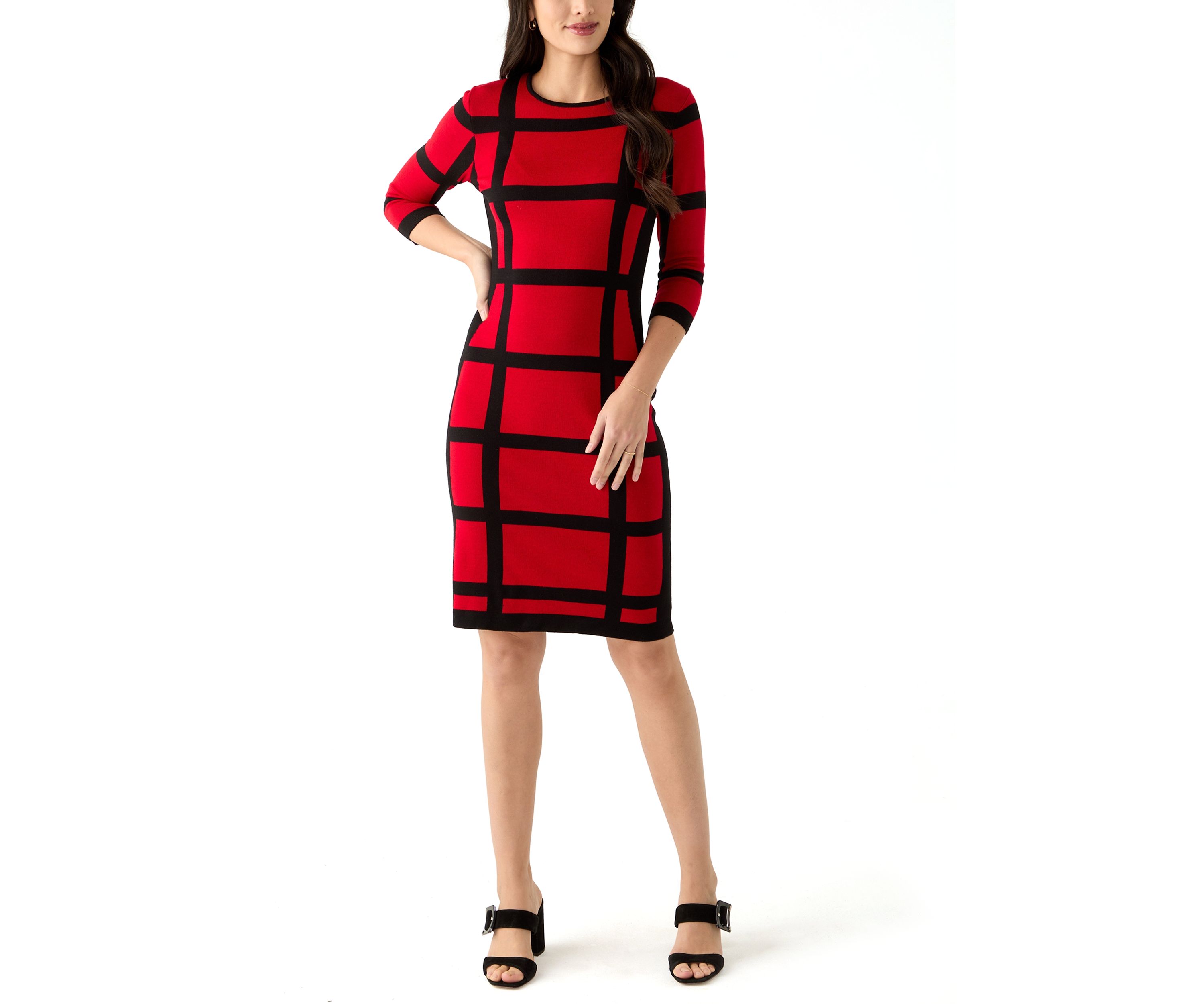 Womens Long Sleeve Grid Print Sheath Dress