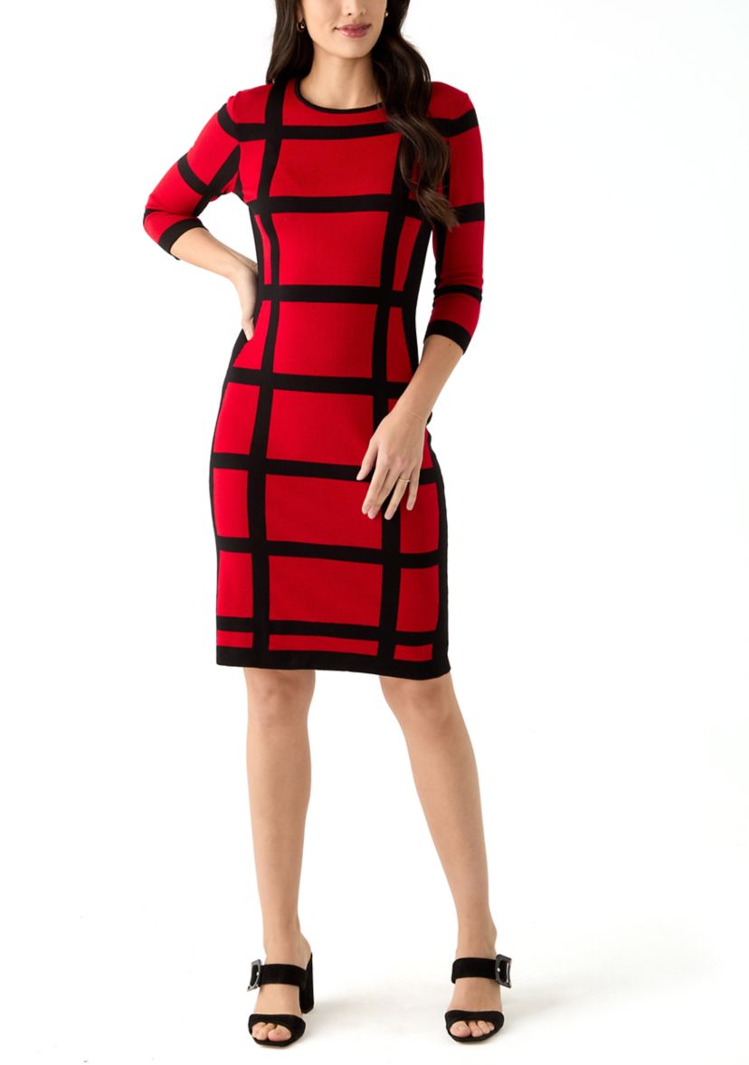 Womens Long Sleeve Grid Print Sheath Dress