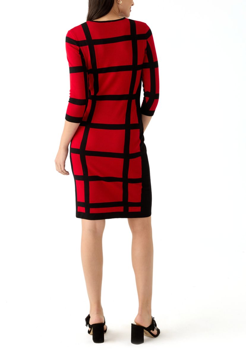 Womens Long Sleeve Grid Print Sheath Dress