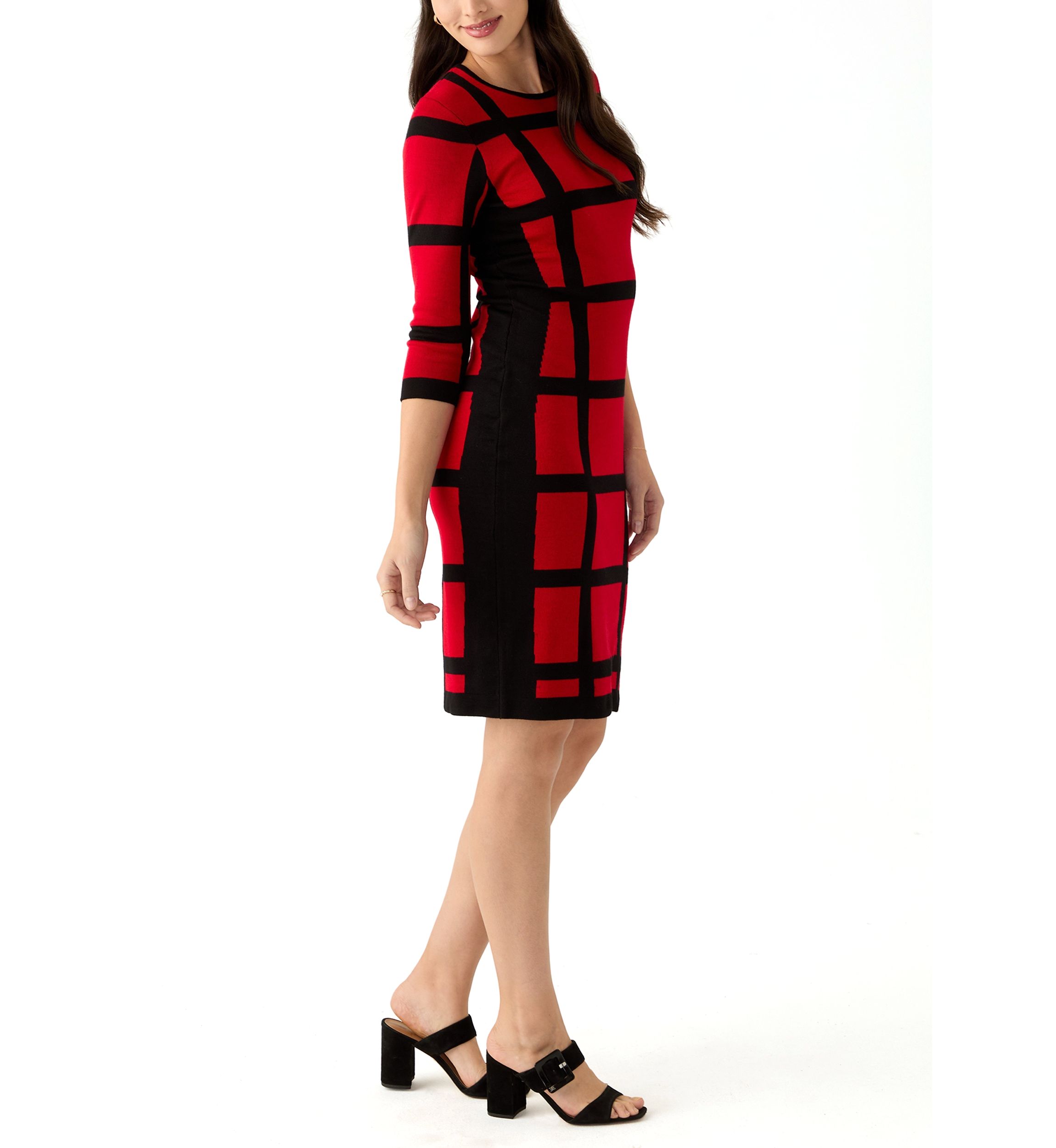 Womens Long Sleeve Grid Print Sheath Dress