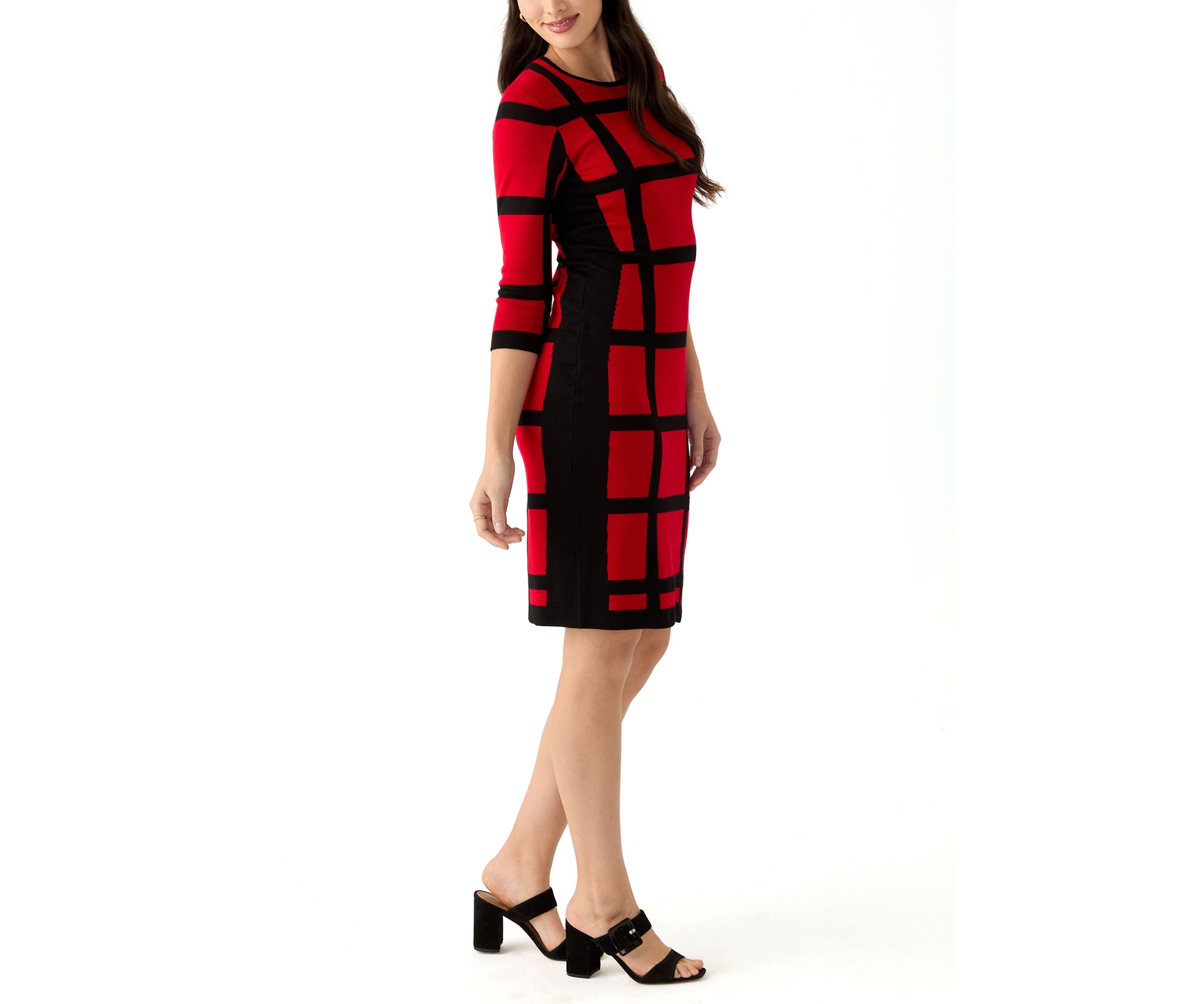 Womens Long Sleeve Grid Print Sheath Dress