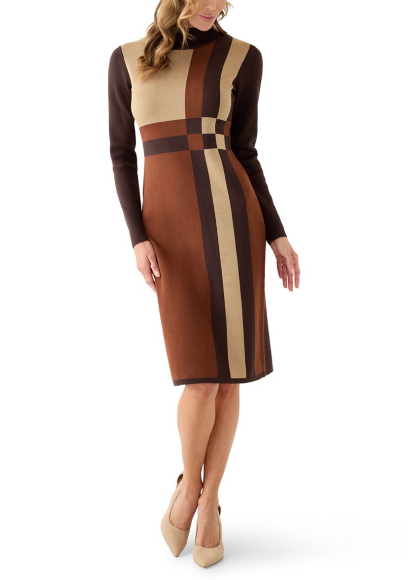 Womens Long Sleeve Mock Neck Geo Print Sweater Dress